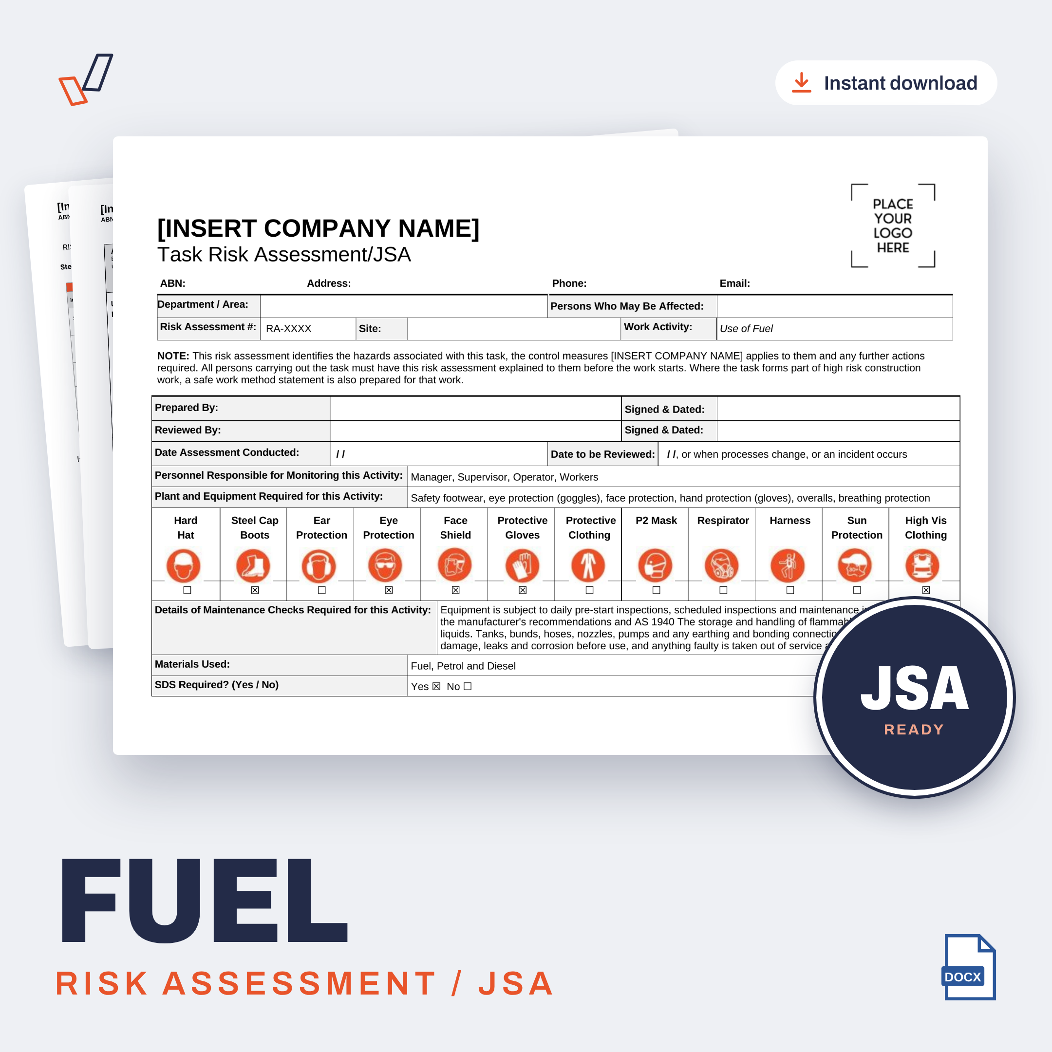 Fuel Risk Assessment/JSA editable Word template cover, Everything OHS