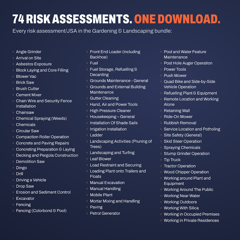 Every risk assessment included in the Ultimate Gardening & Landscaping Risk Assessment/JSA Bundle