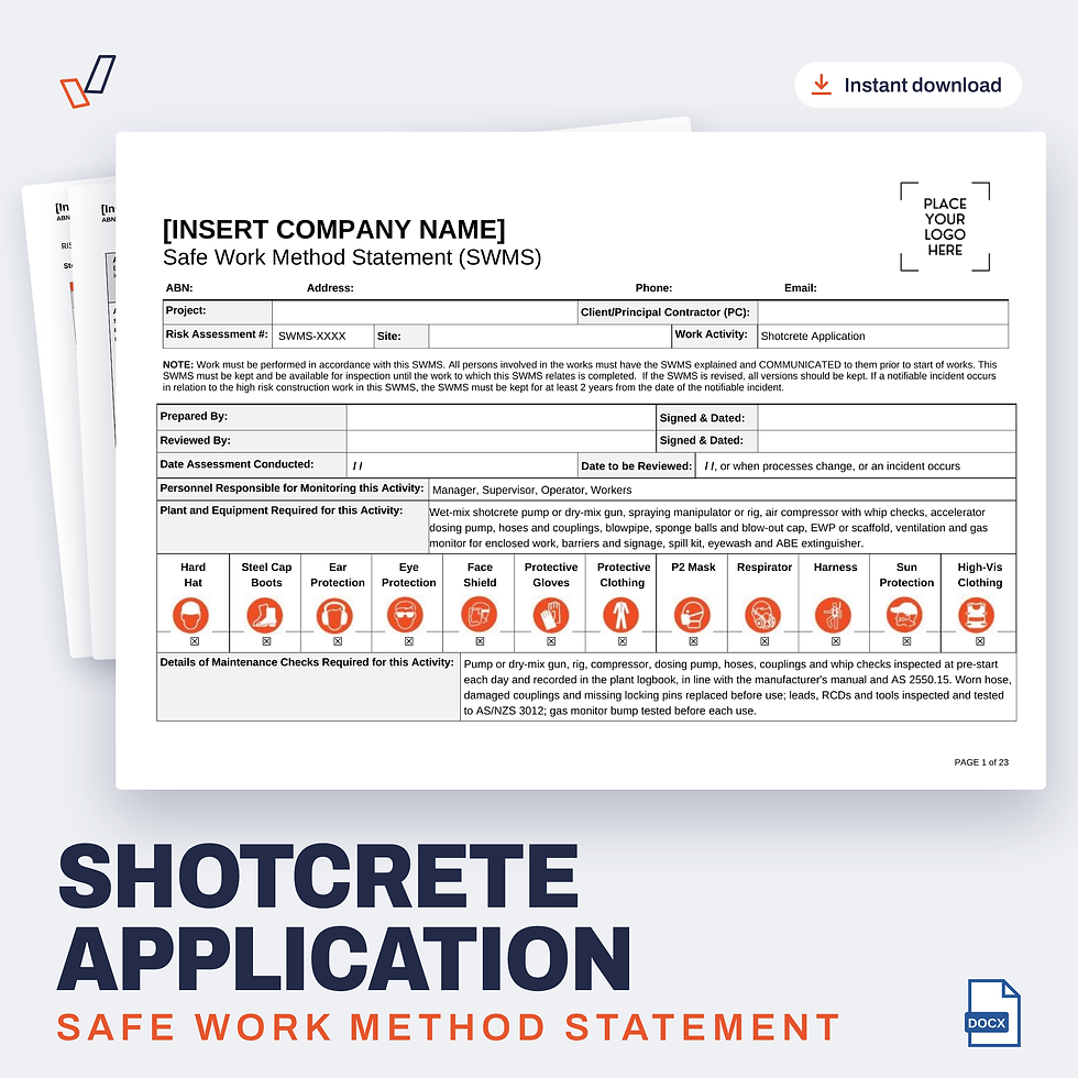 Shotcrete Application SWMS editable Word template cover, Everything OHS