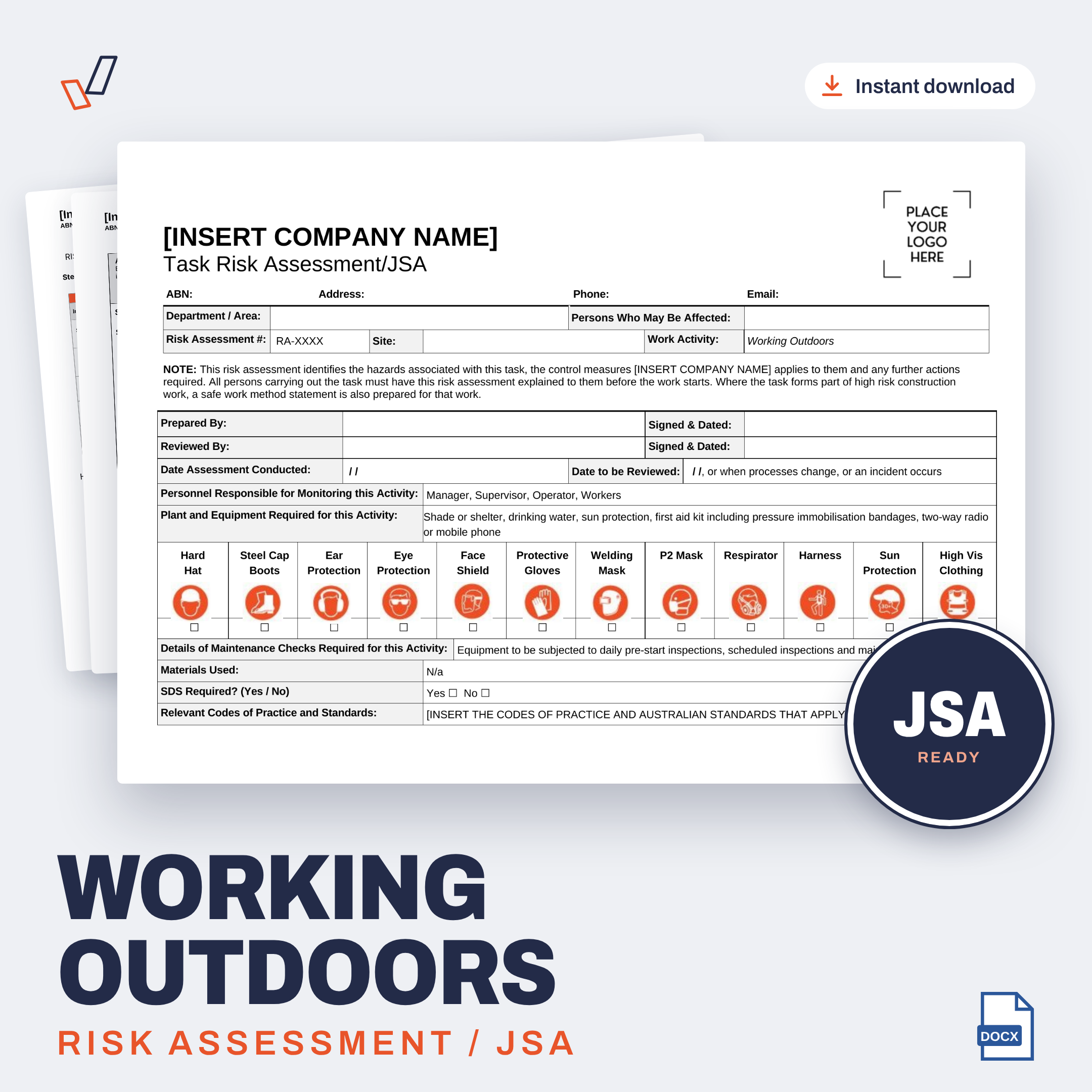 Working Outdoors Risk Assessment/JSA editable Word template cover, Everything OHS