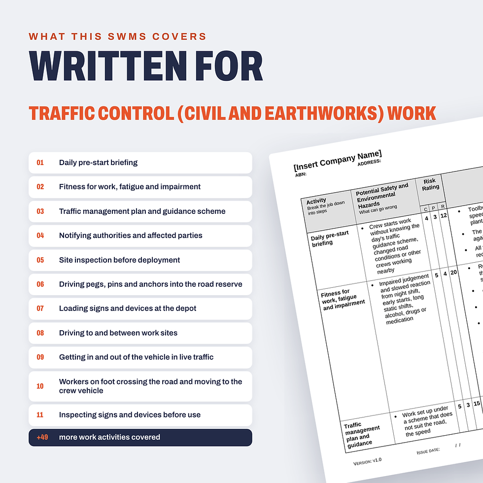 Work activities covered in the Traffic Control (Civil and Earthworks) SWMS