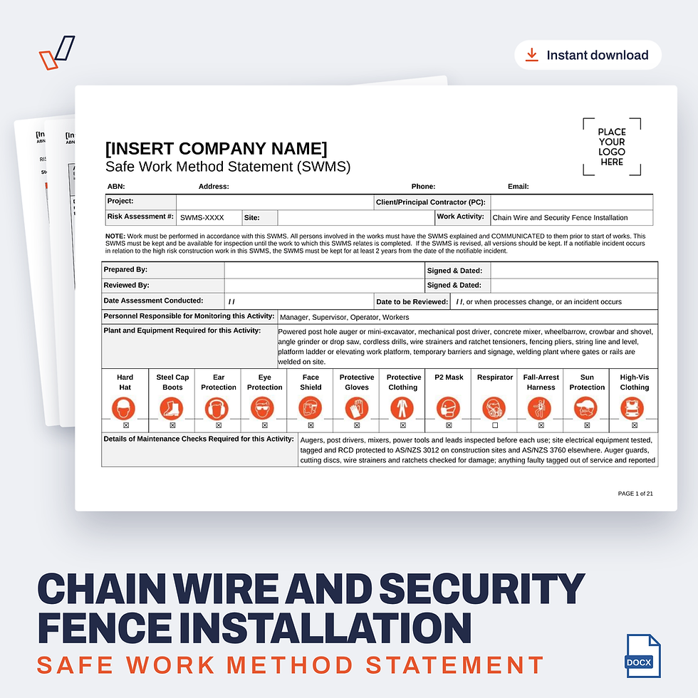 Chain Wire and Security Fence Installation SWMS editable Word template cover, Everything OHS