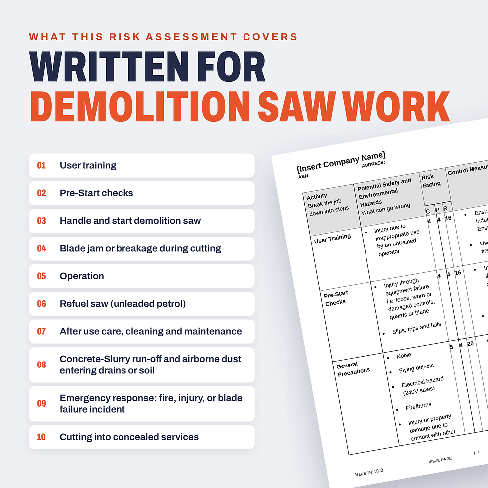 Work activities covered in the Demolition Saw Risk Assessment/JSA