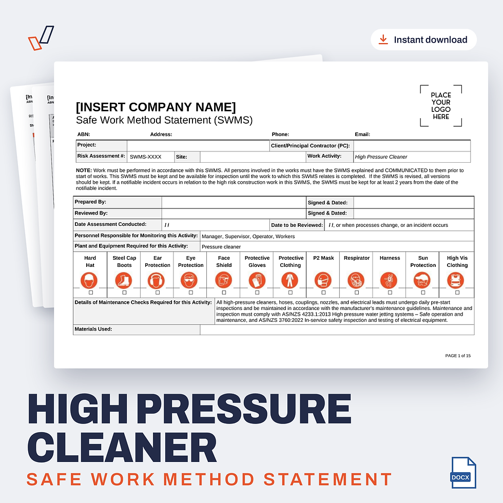 High Pressure Cleaner SWMS editable Word template cover, Everything OHS