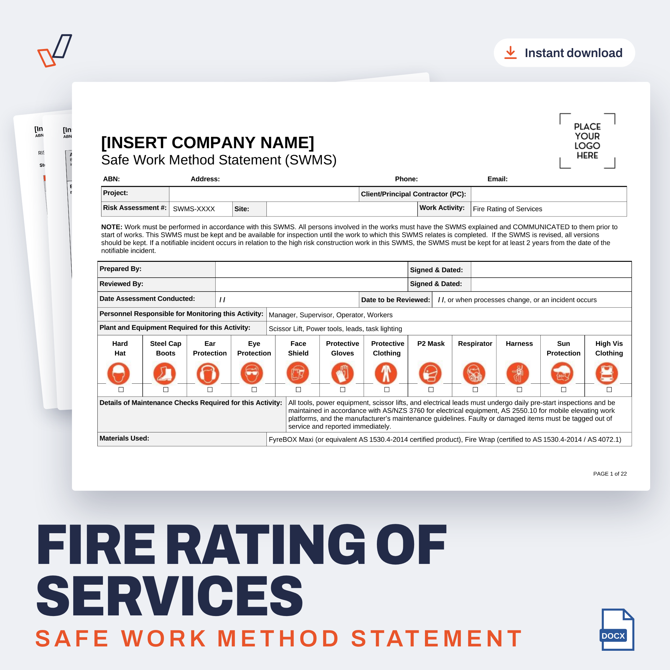 Fire Rating of Services SWMS editable Word template cover, Everything OHS