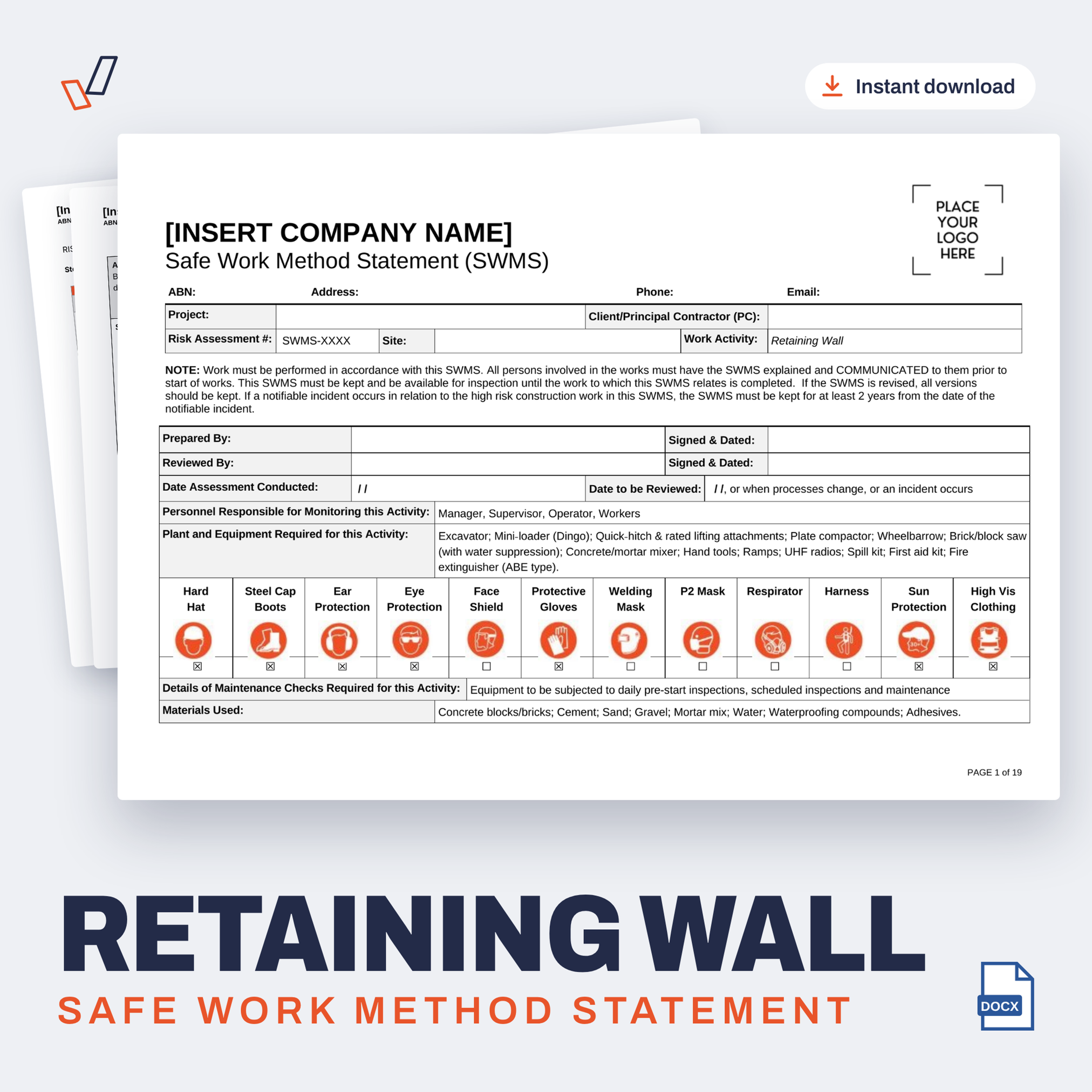 Retaining Wall SWMS editable Word template cover, Everything OHS
