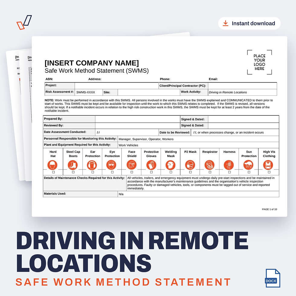 Driving in Remote Locations SWMS editable Word template cover, Everything OHS