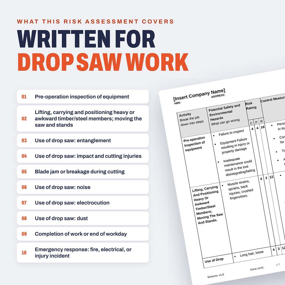 Work activities covered in the Drop Saw Risk Assessment/JSA