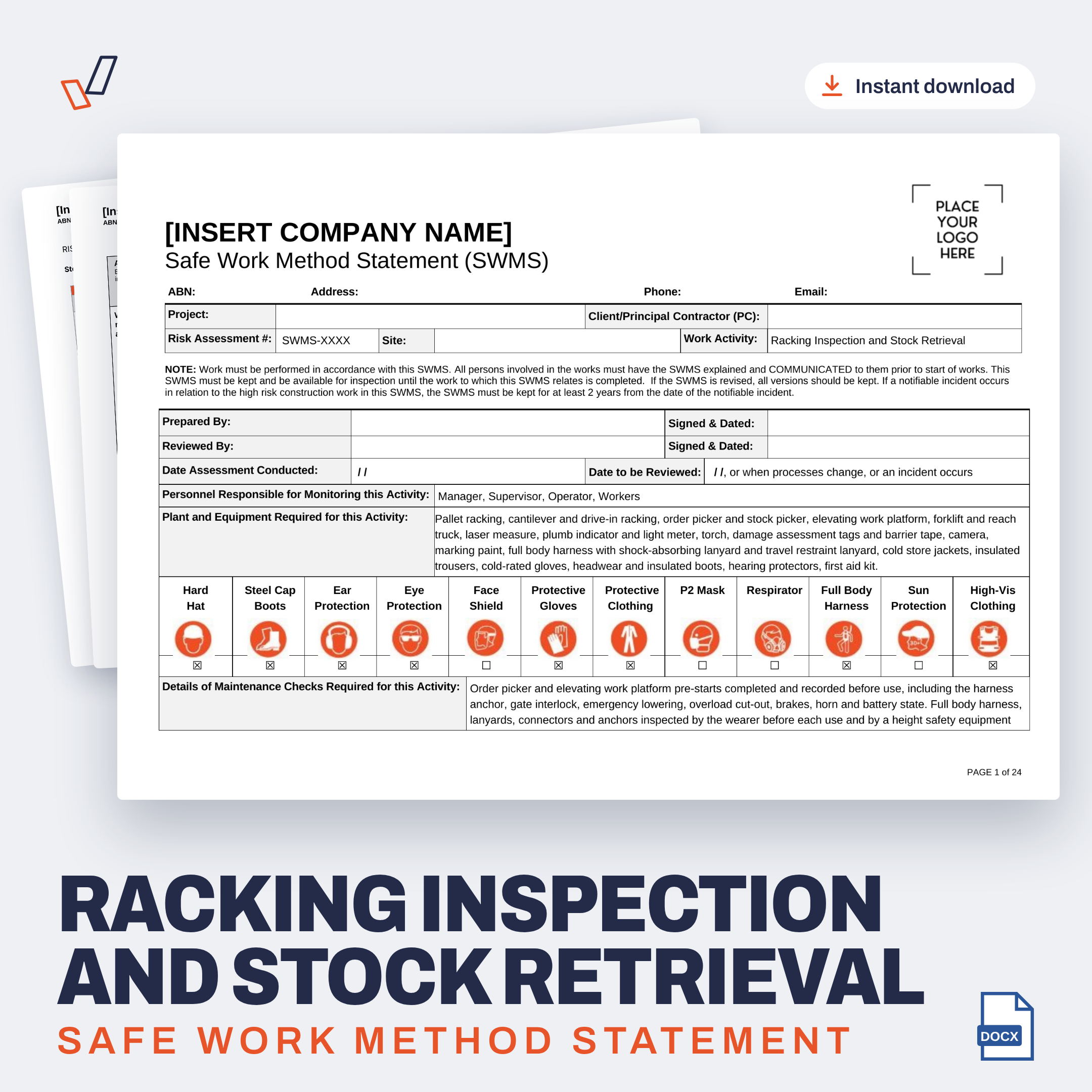 Racking Inspection and Stock Retrieval SWMS editable Word template cover, Everything OHS