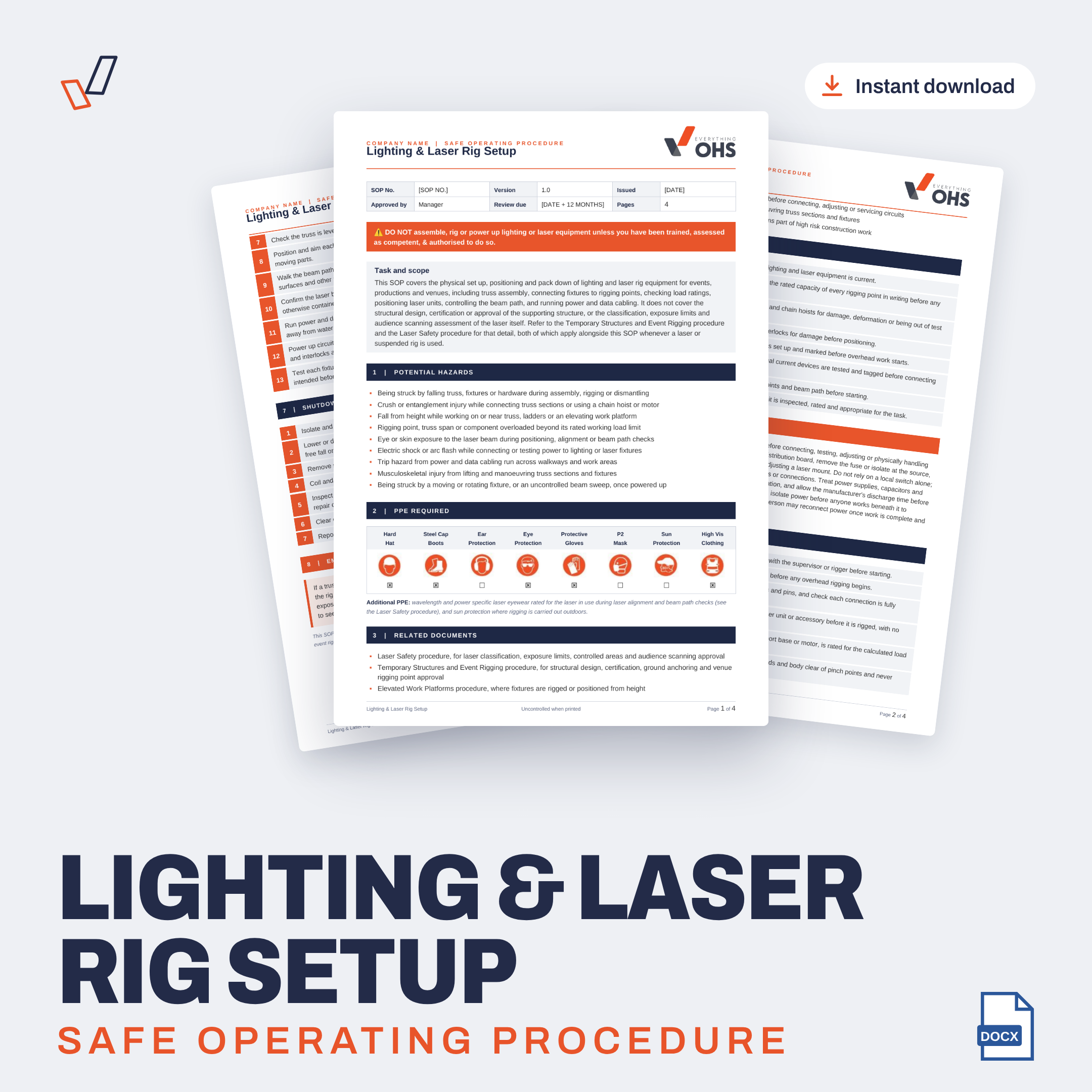Lighting & Laser Rig Setup SOP editable Word template cover, Everything OHS