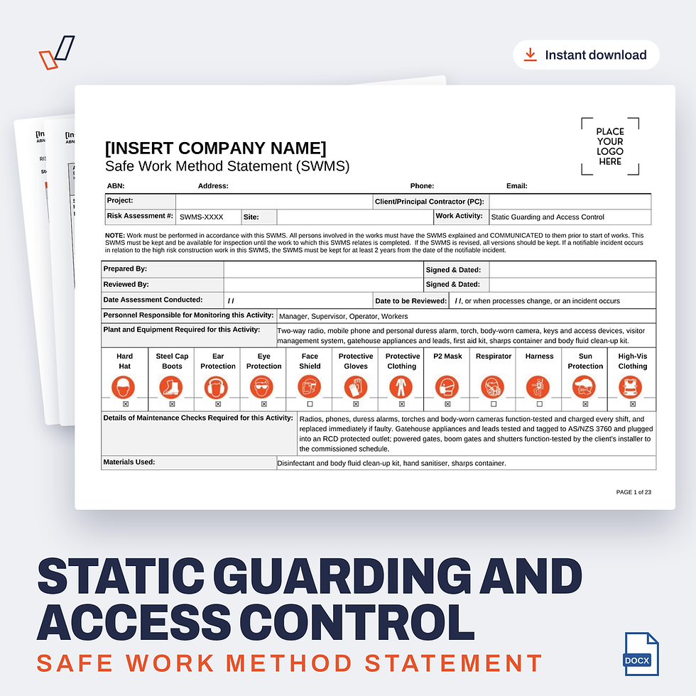 Static Guarding and Access Control SWMS editable Word template cover, Everything OHS