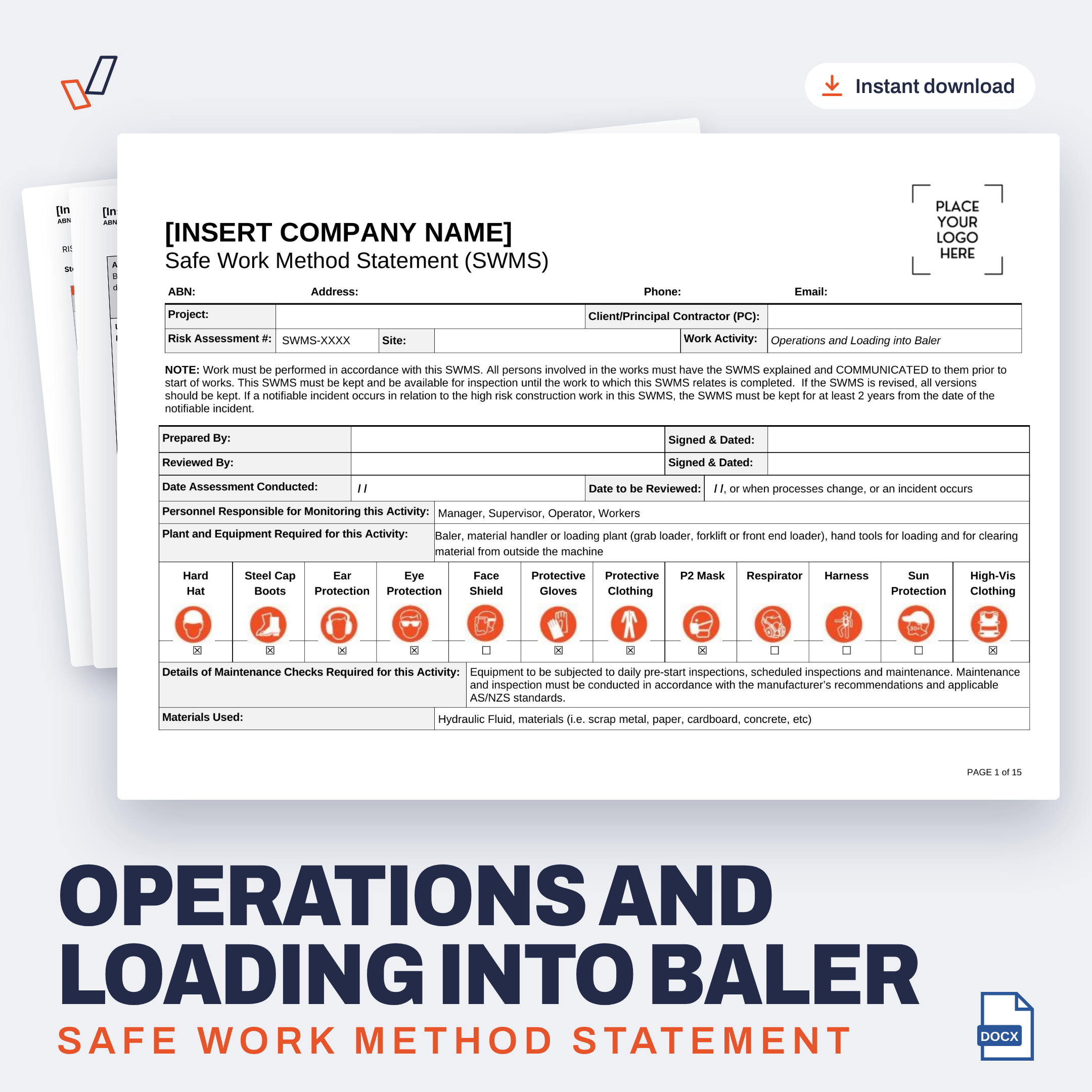 Operations and Loading into Baler SWMS editable Word template cover, Everything OHS