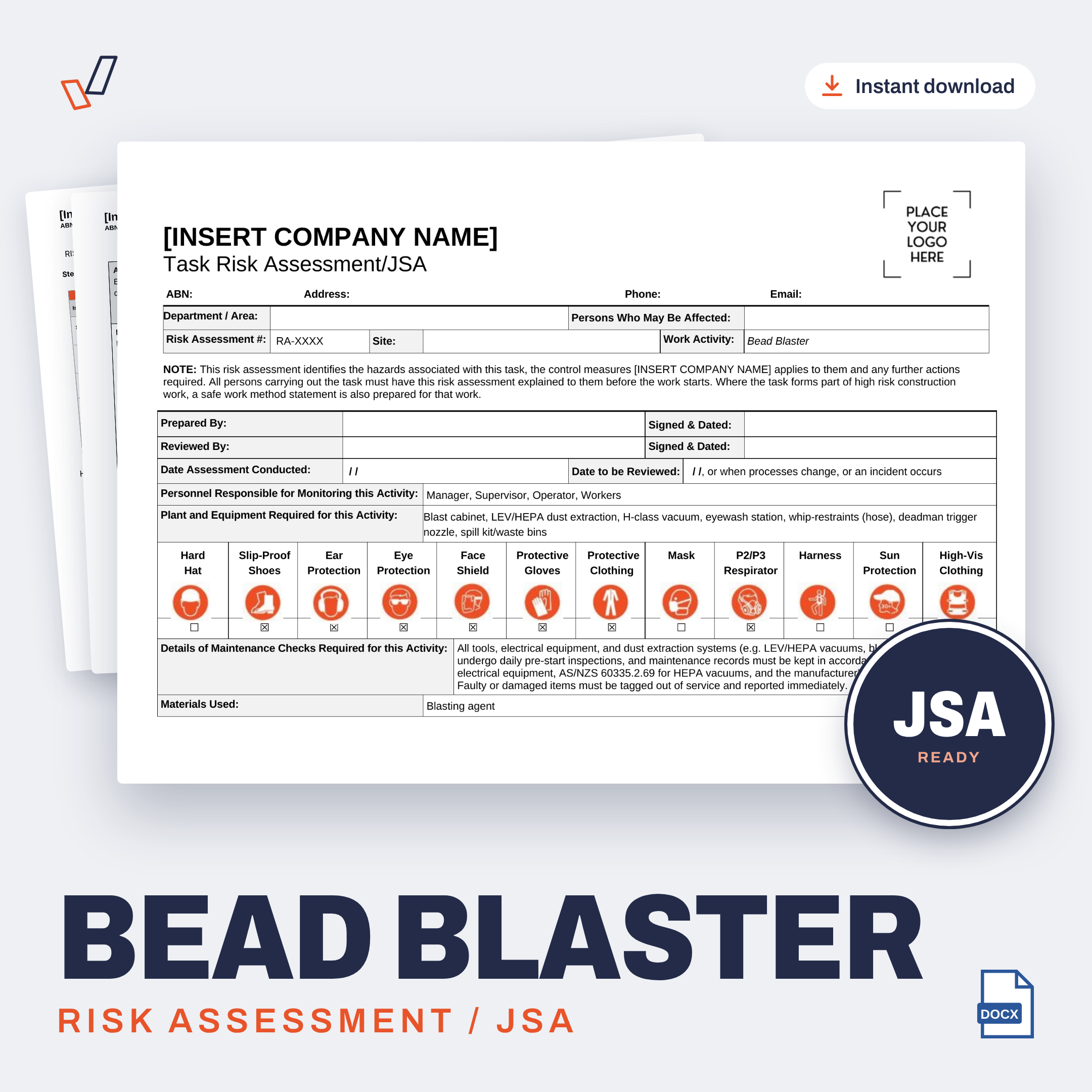 Bead Blaster Risk Assessment/JSA editable Word template cover, Everything OHS