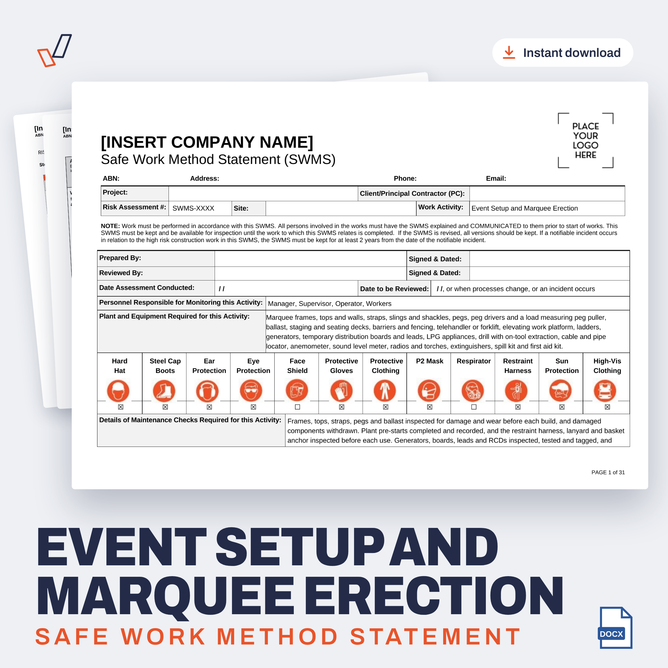 Event Setup and Marquee Erection SWMS editable Word template cover, Everything OHS
