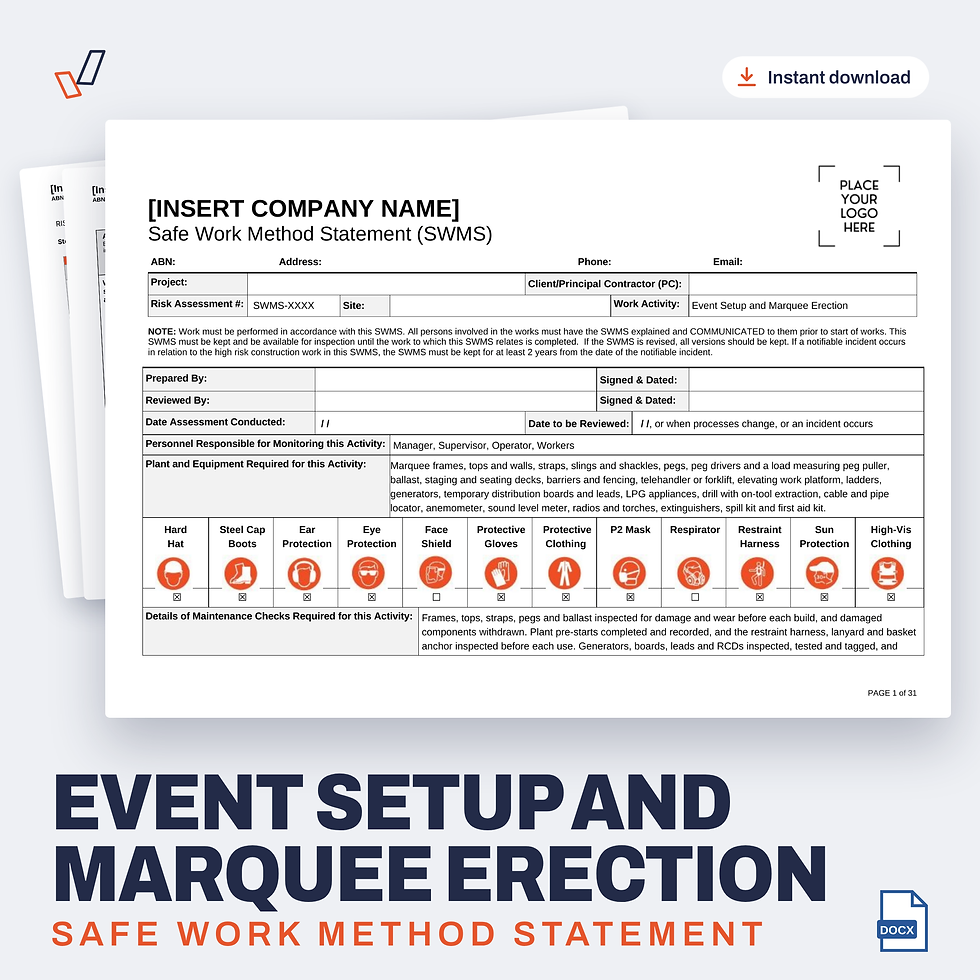Event Setup and Marquee Erection SWMS editable Word template cover, Everything OHS