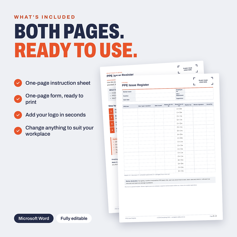 Both pages of the free PPE Issue Register template, including the instruction sheet