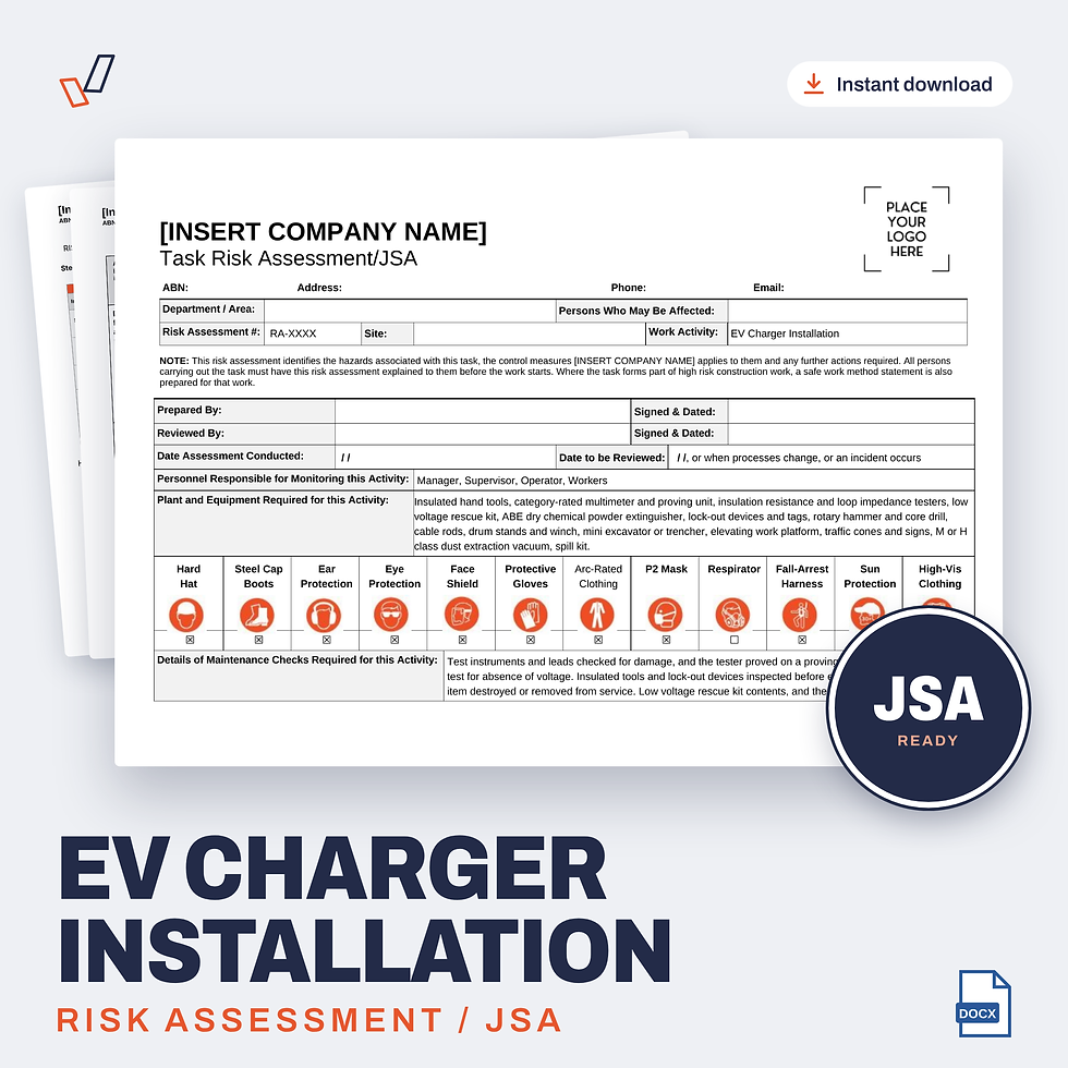 EV Charger Installation Risk Assessment/JSA editable Word template cover, Everything OHS
