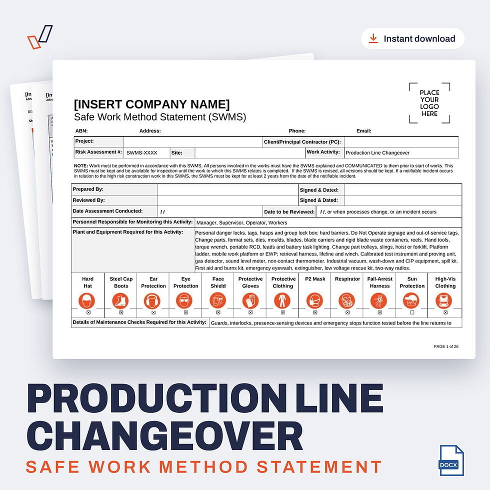 Production Line Changeover SWMS editable Word template cover, Everything OHS