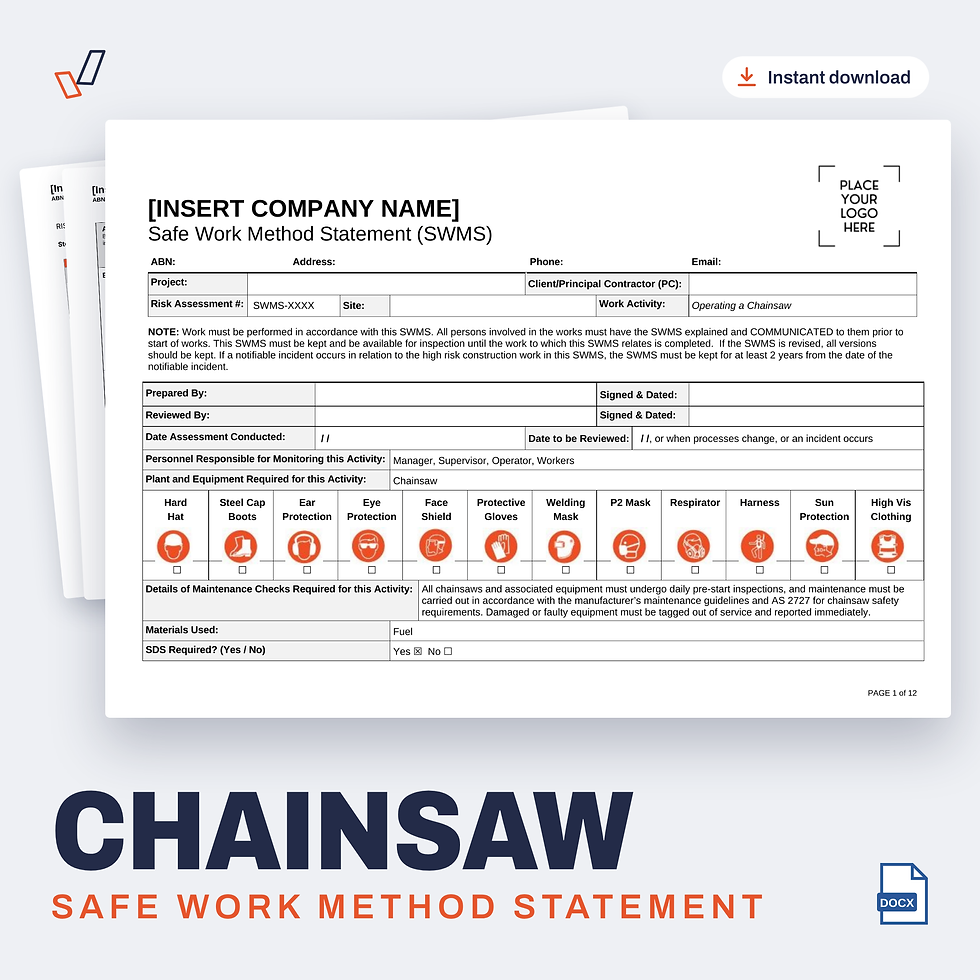 Chainsaw SWMS editable Word template cover, Everything OHS
