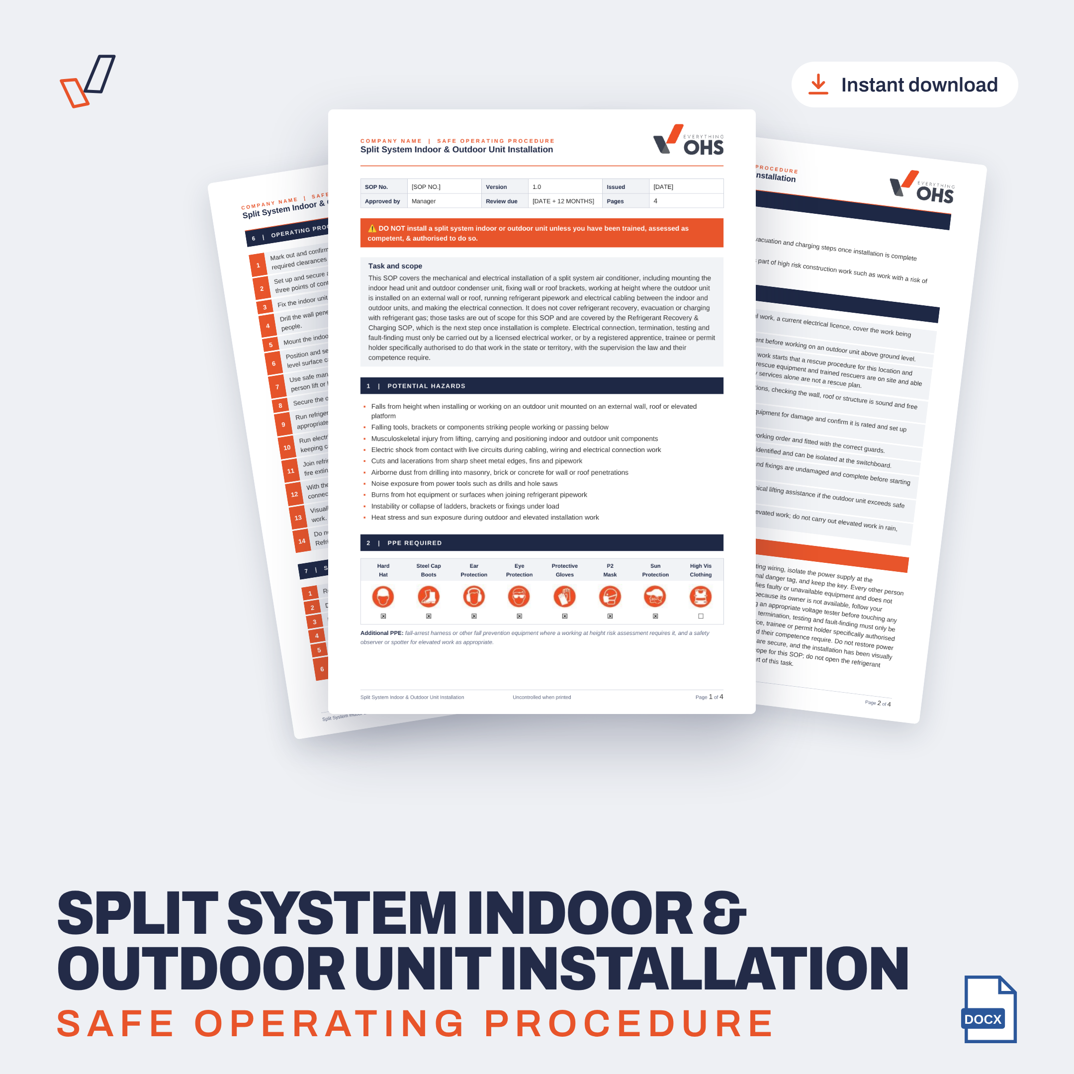 Split System Indoor & Outdoor Unit Installation SOP editable Word template cover, Everything OHS