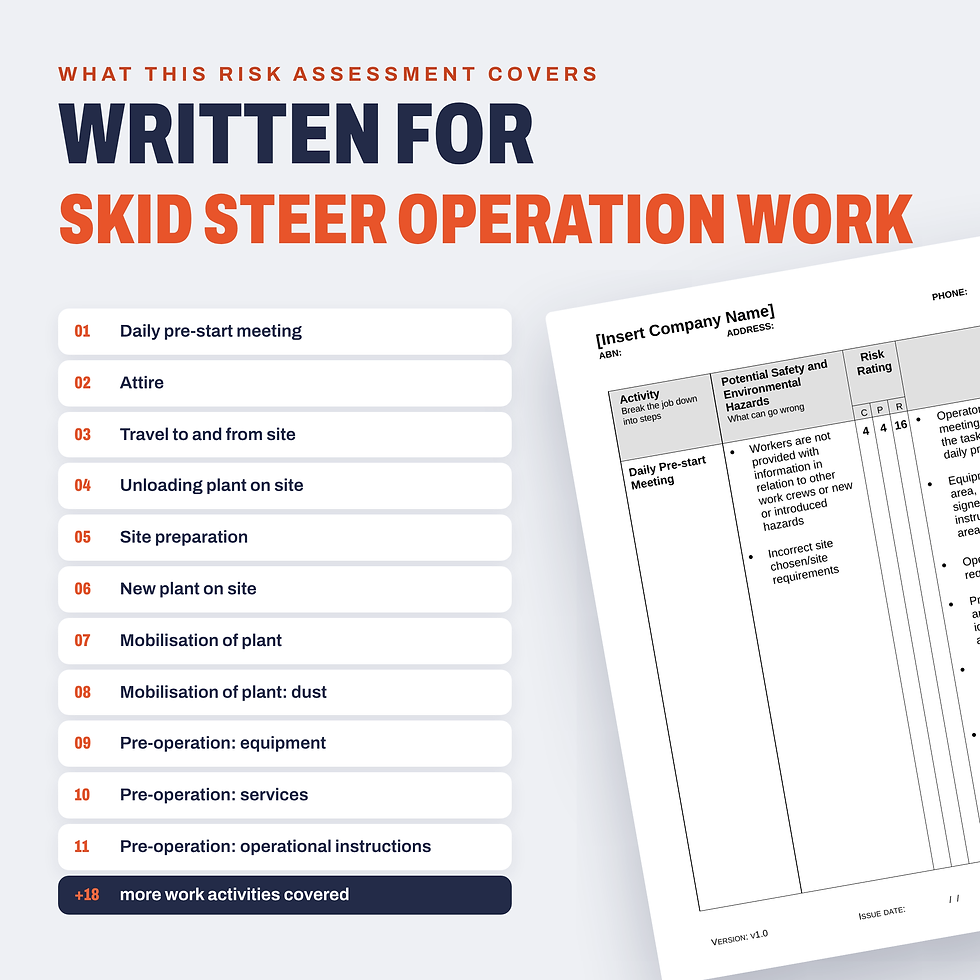 Work activities covered in the Skid Steer Operation Risk Assessment/JSA