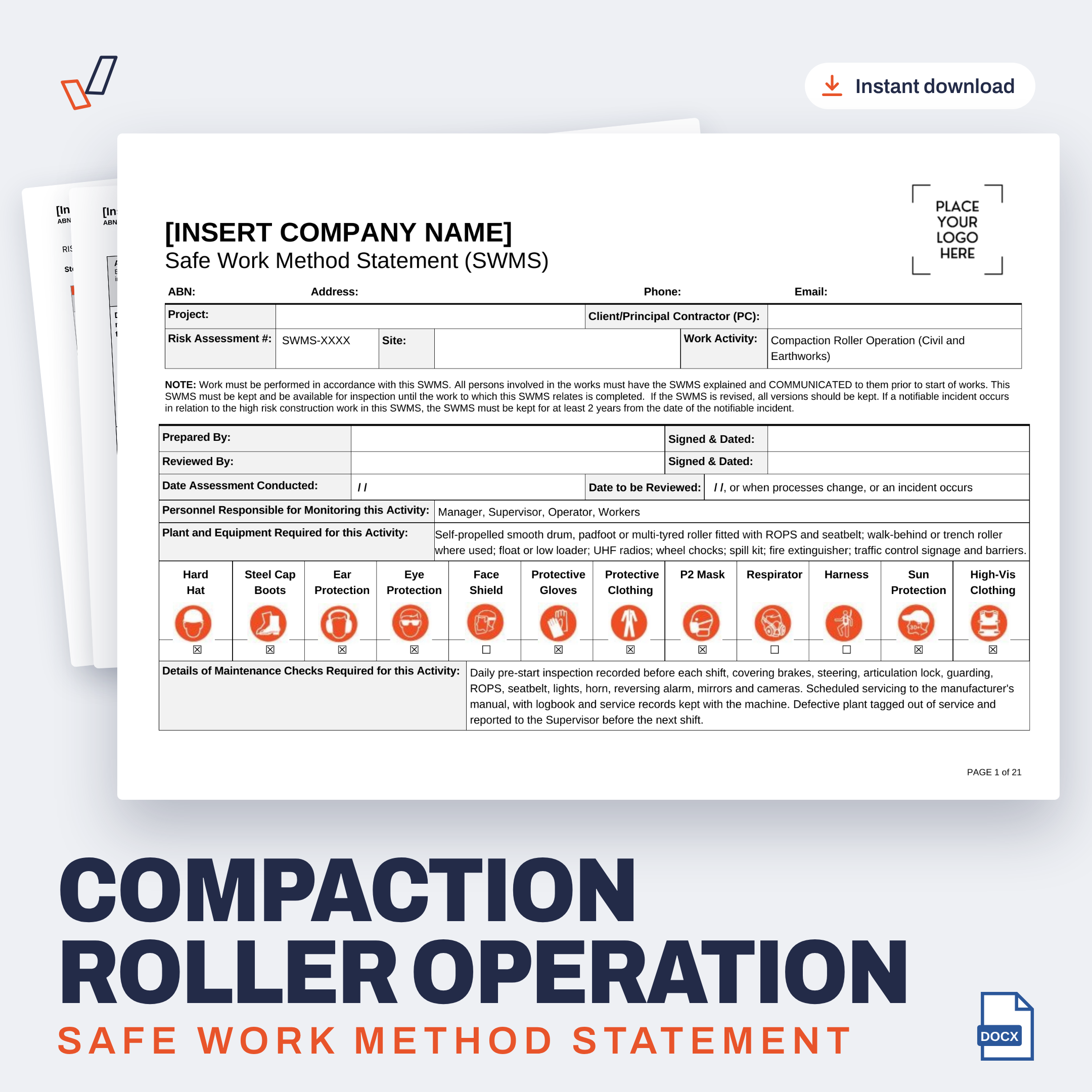 Compaction Roller Operation SWMS editable Word template cover, Everything OHS
