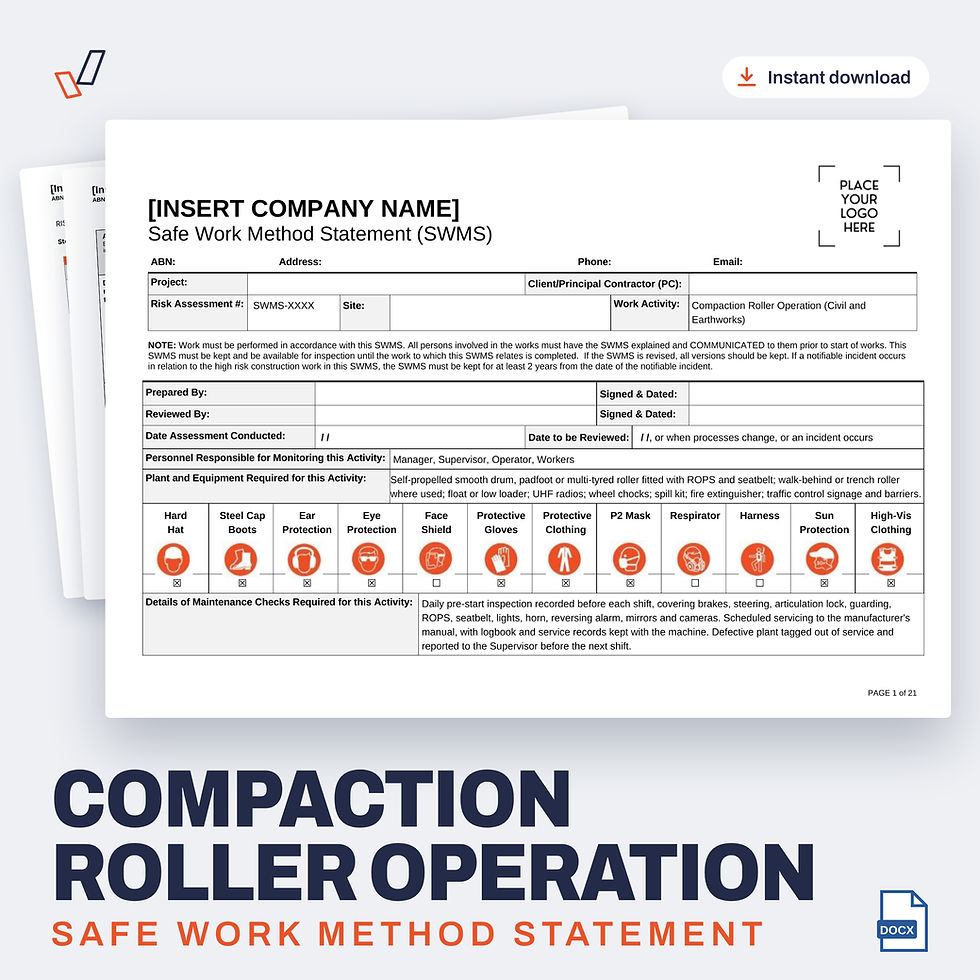 Compaction Roller Operation SWMS editable Word template cover, Everything OHS