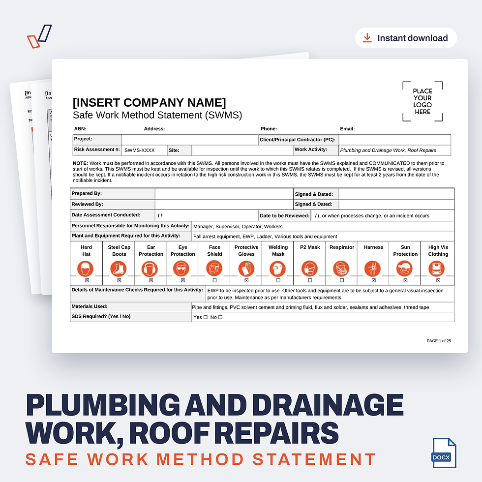 Plumbing and Drainage Work, Roof Repairs SWMS editable Word template cover, Everything OHS