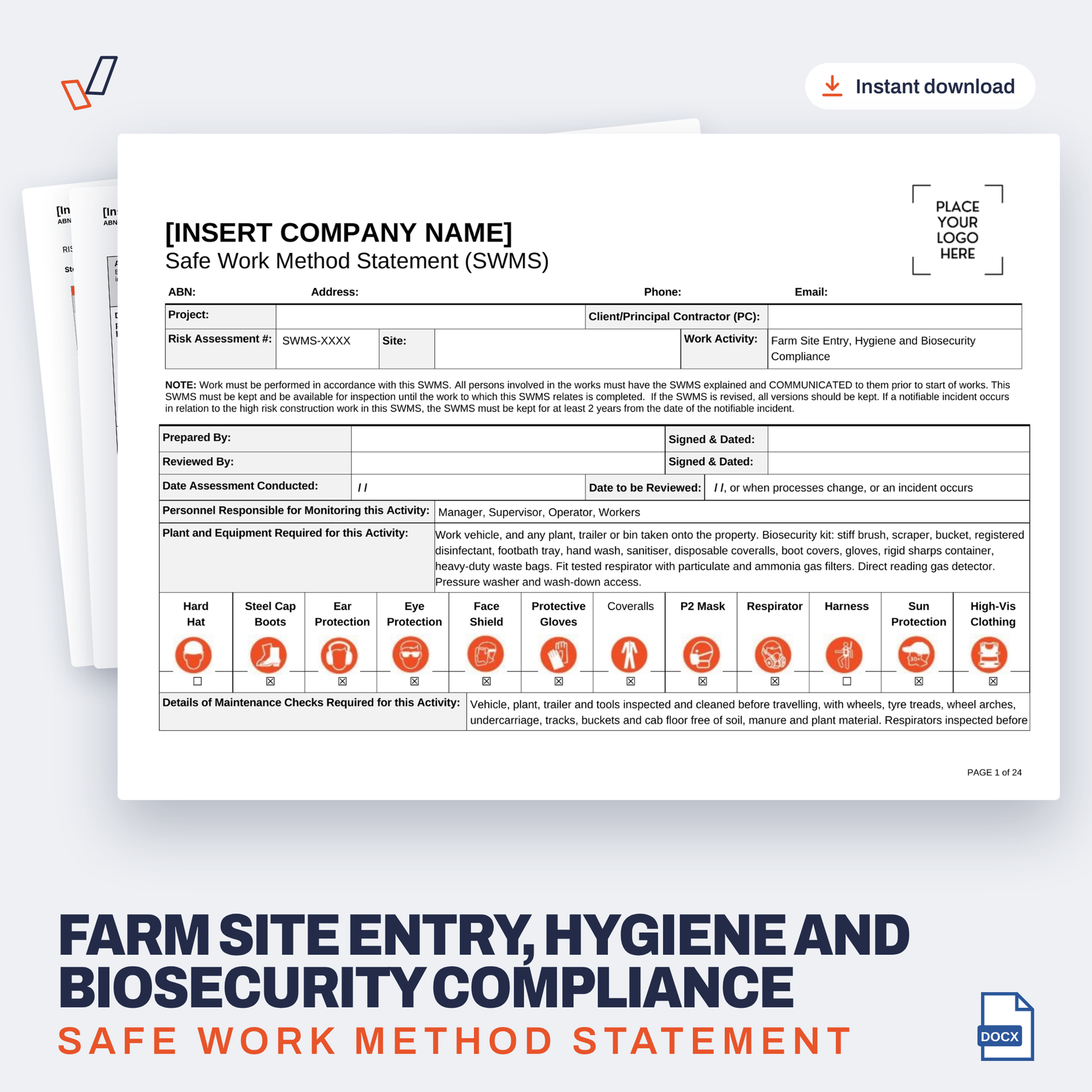 Farm Site Entry, Hygiene and Biosecurity Compliance SWMS editable Word template cover, Everything OHS