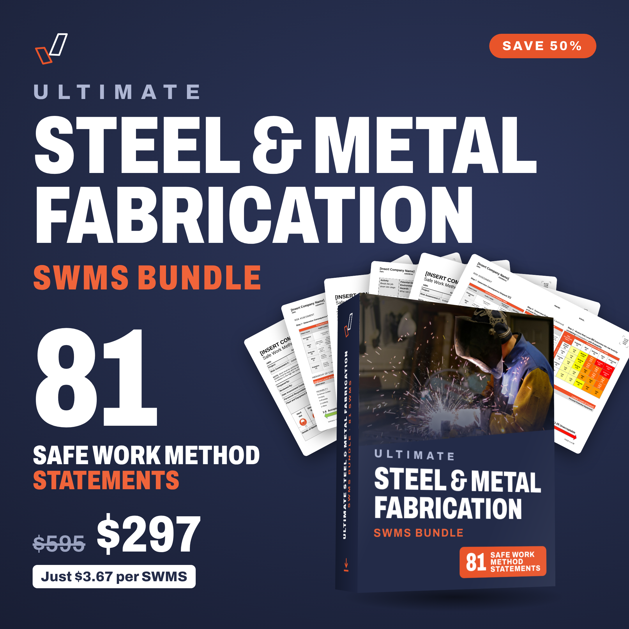 Ultimate Steel & Metal Fabrication SWMS Bundle cover, editable Word SWMS templates, Everything OHS