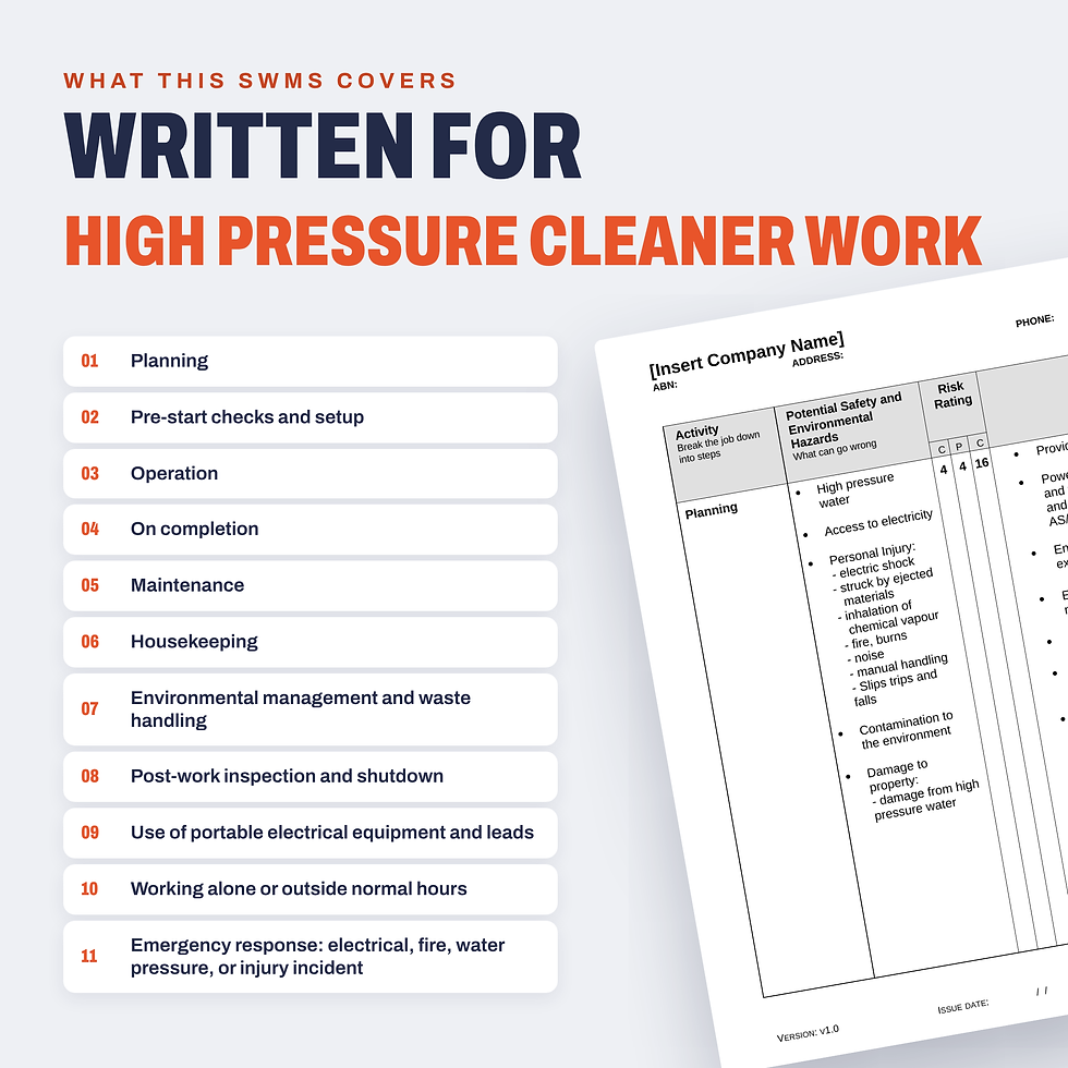 Work activities covered in the High Pressure Cleaner SWMS