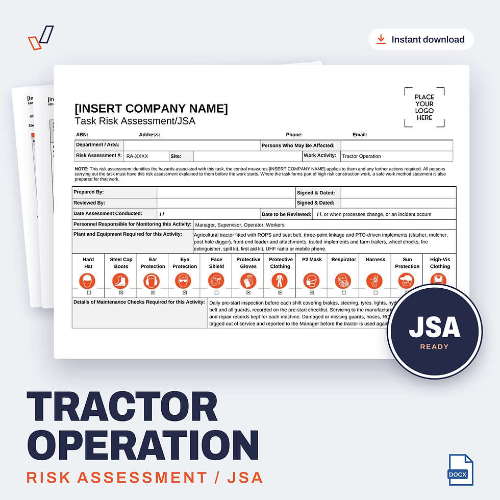 Tractor Operation Risk Assessment/JSA editable Word template cover, Everything OHS