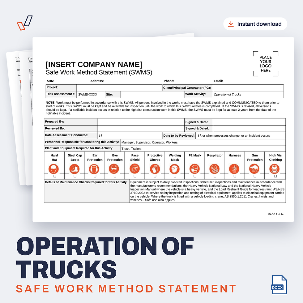 Operation of Trucks SWMS editable Word template cover, Everything OHS