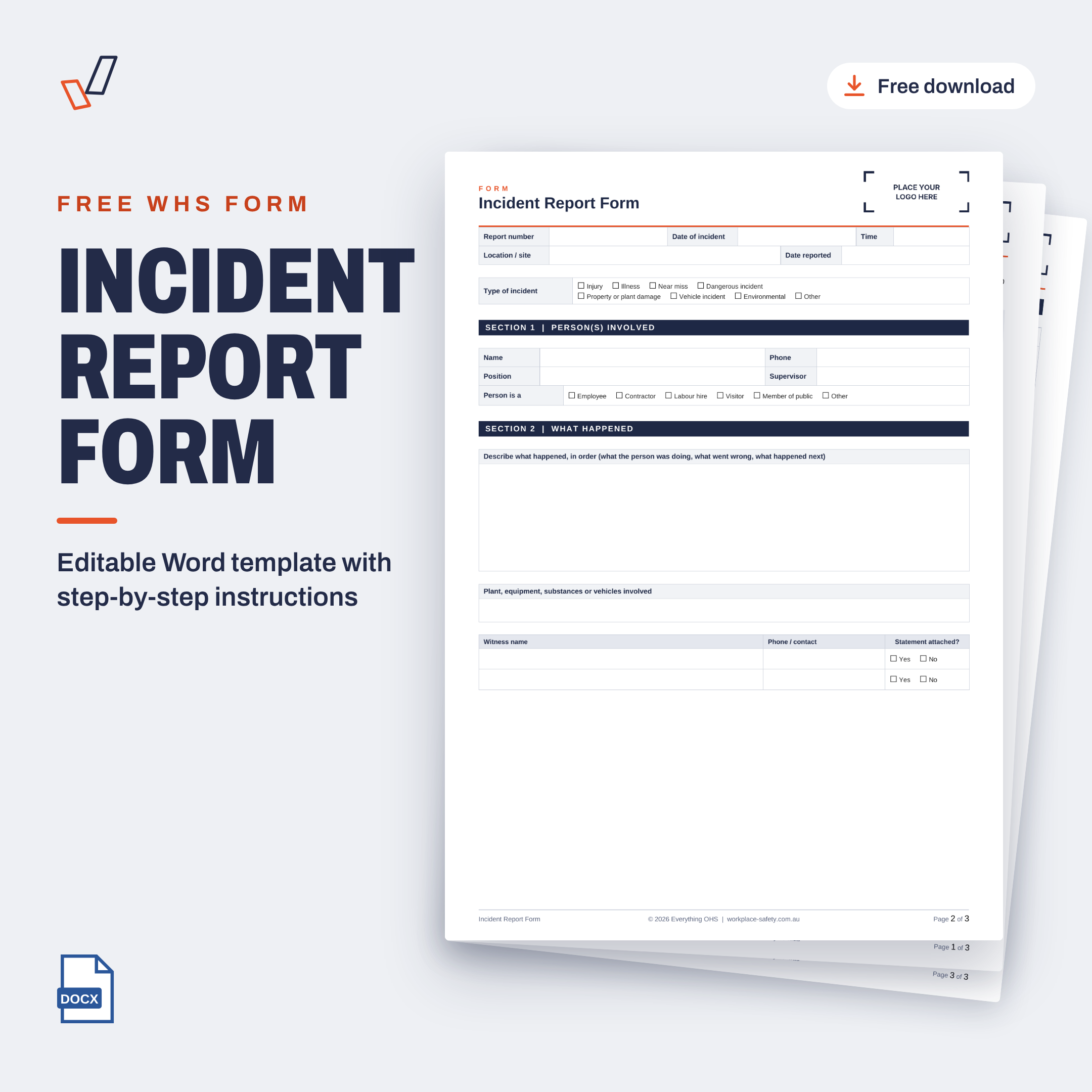 Free Incident Report Form template in Word, showing the first page
