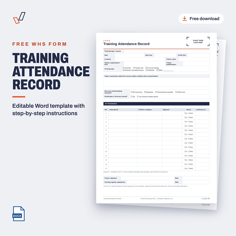 Free Training Attendance Record template in Word, showing the first page