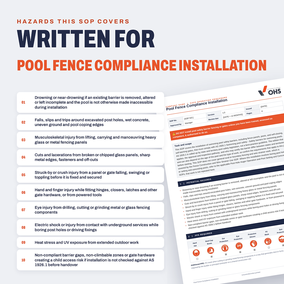Hazards covered in the Pool Fence Compliance Installation SOP