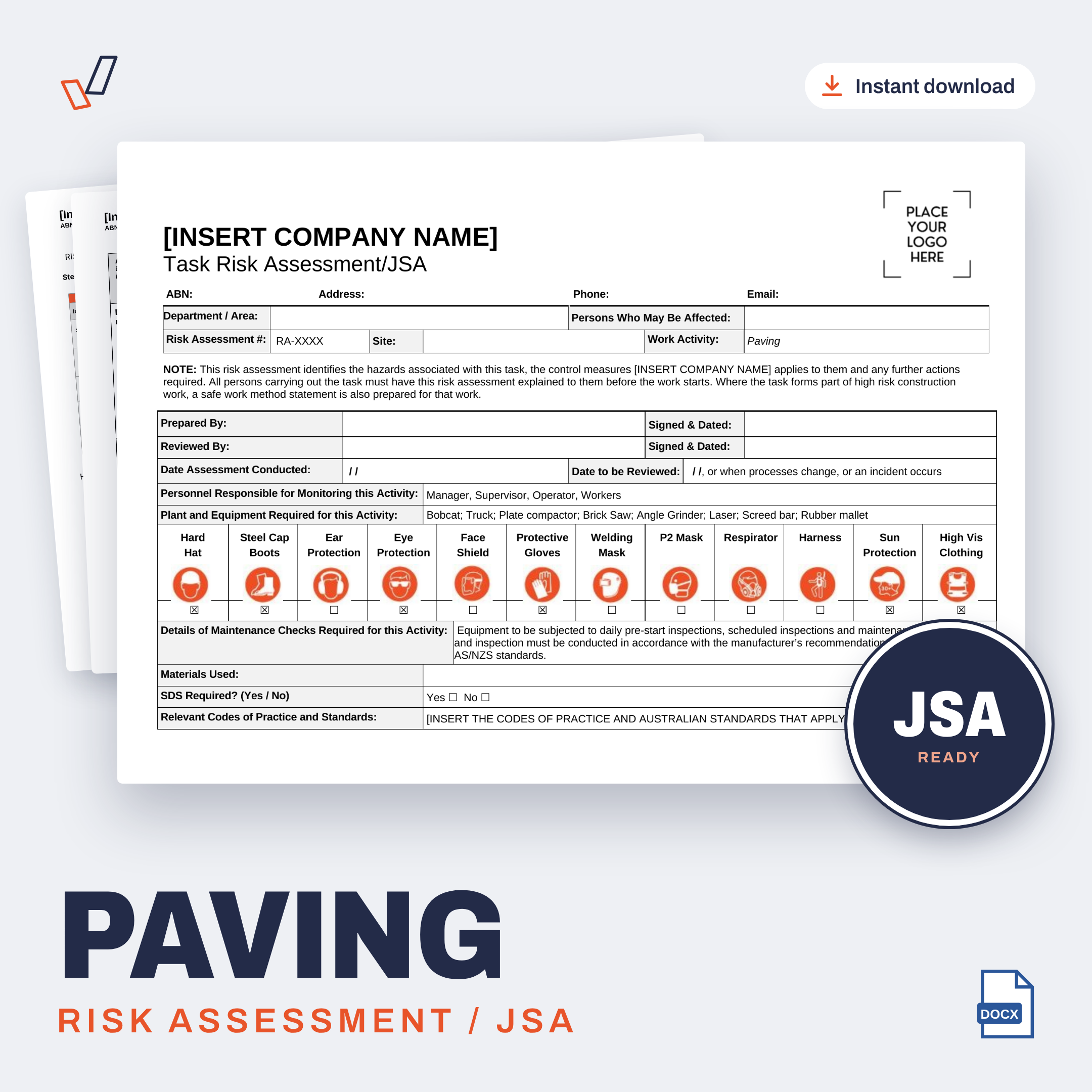 Paving Risk Assessment/JSA editable Word template cover, Everything OHS