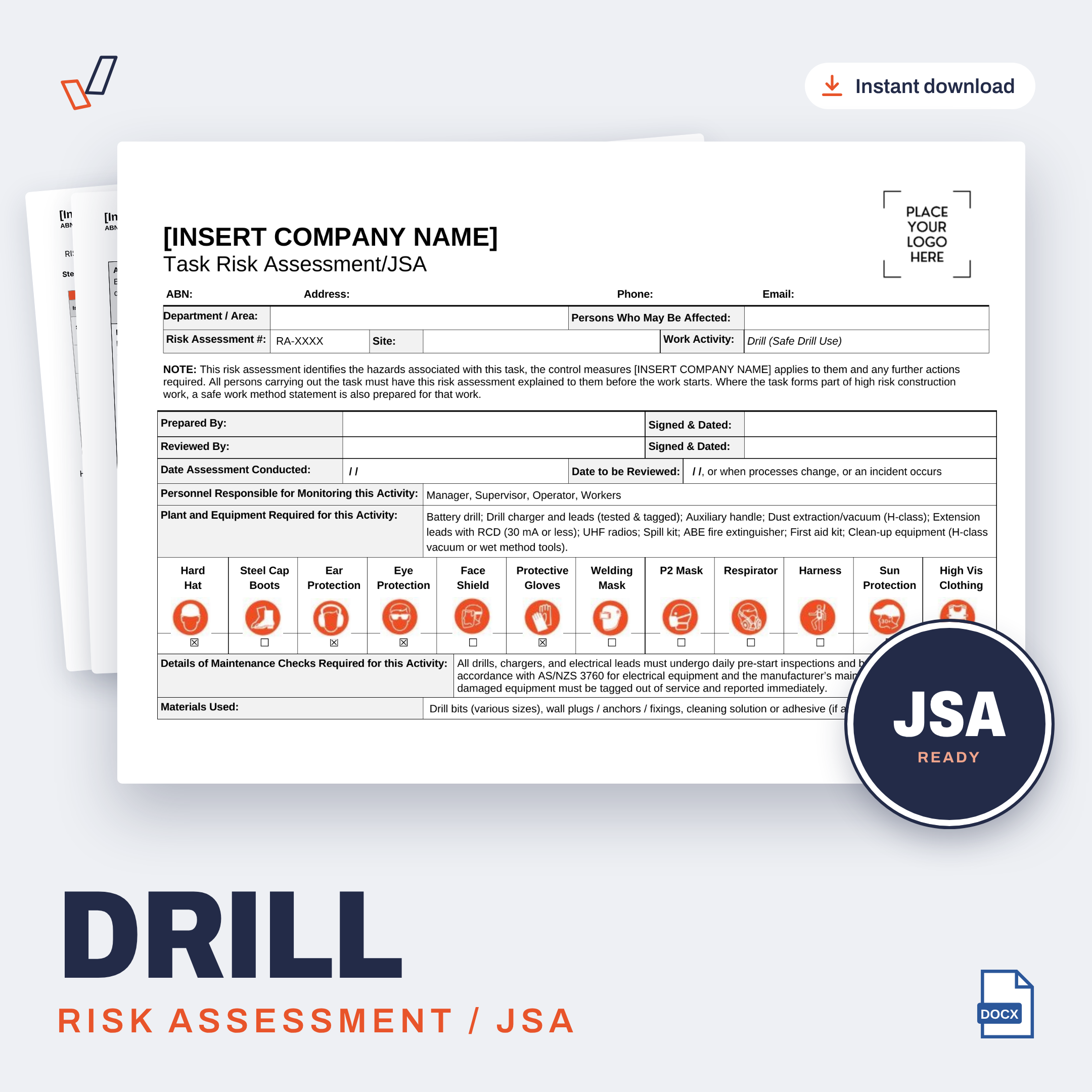 Drill Risk Assessment/JSA editable Word template cover, Everything OHS
