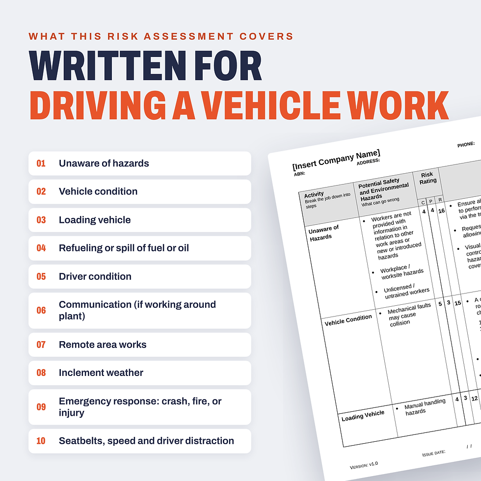 Work activities covered in the Driving a Vehicle Risk Assessment/JSA