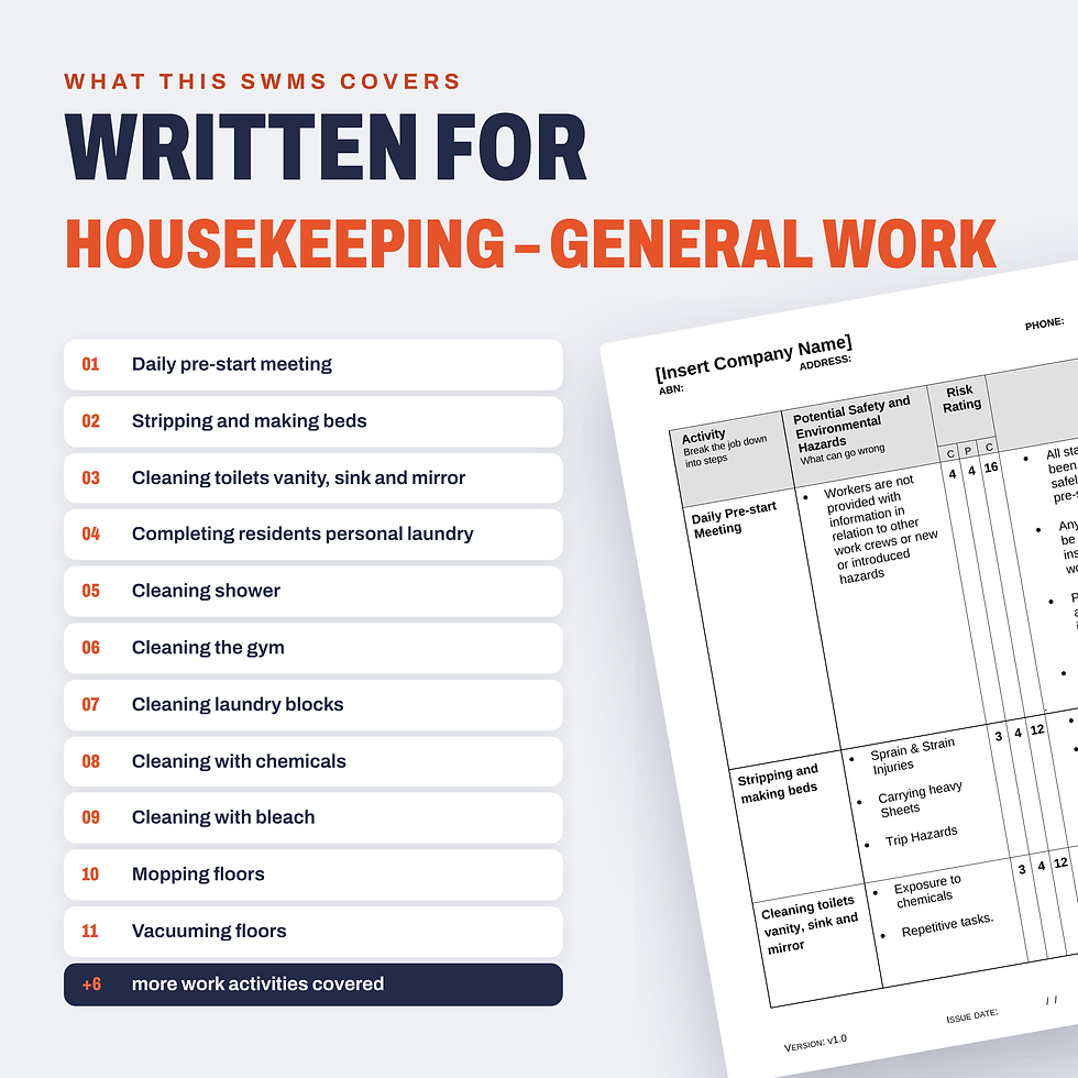 Work activities covered in the Housekeeping (General) SWMS