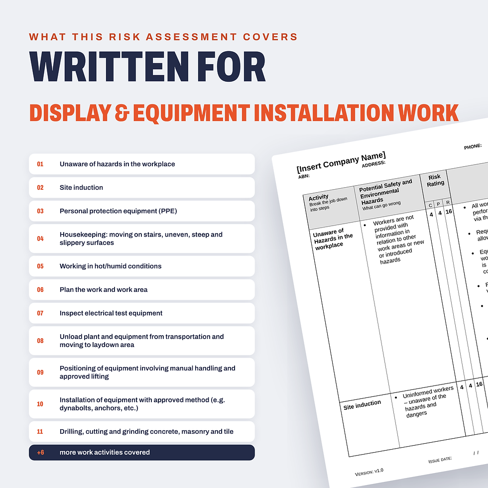 Work activities covered in the Display & Equipment Installation Risk Assessment/JSA