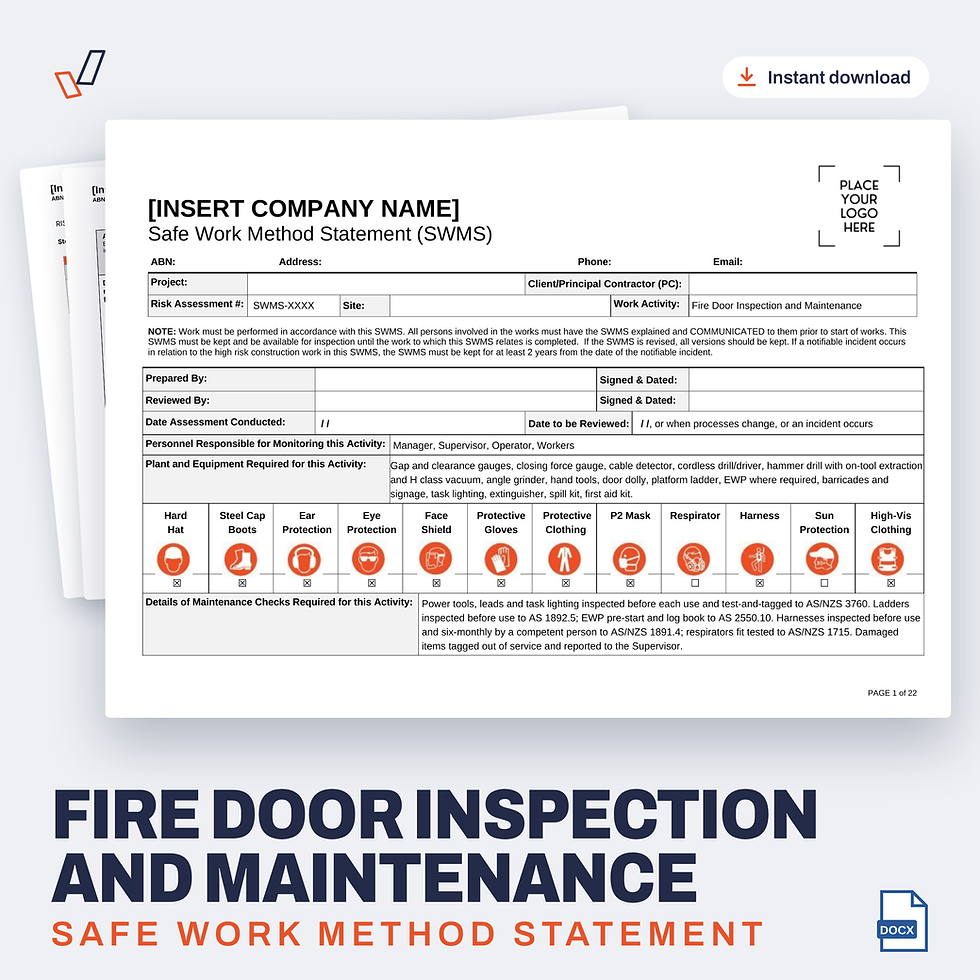 Fire Door Inspection and Maintenance SWMS editable Word template cover, Everything OHS