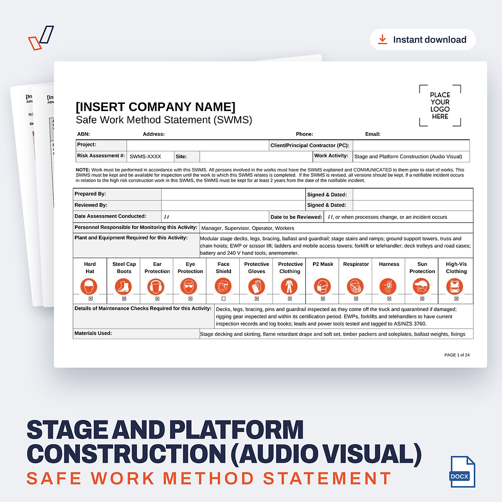 Stage and Platform Construction (Audio Visual) SWMS editable Word template cover, Everything OHS