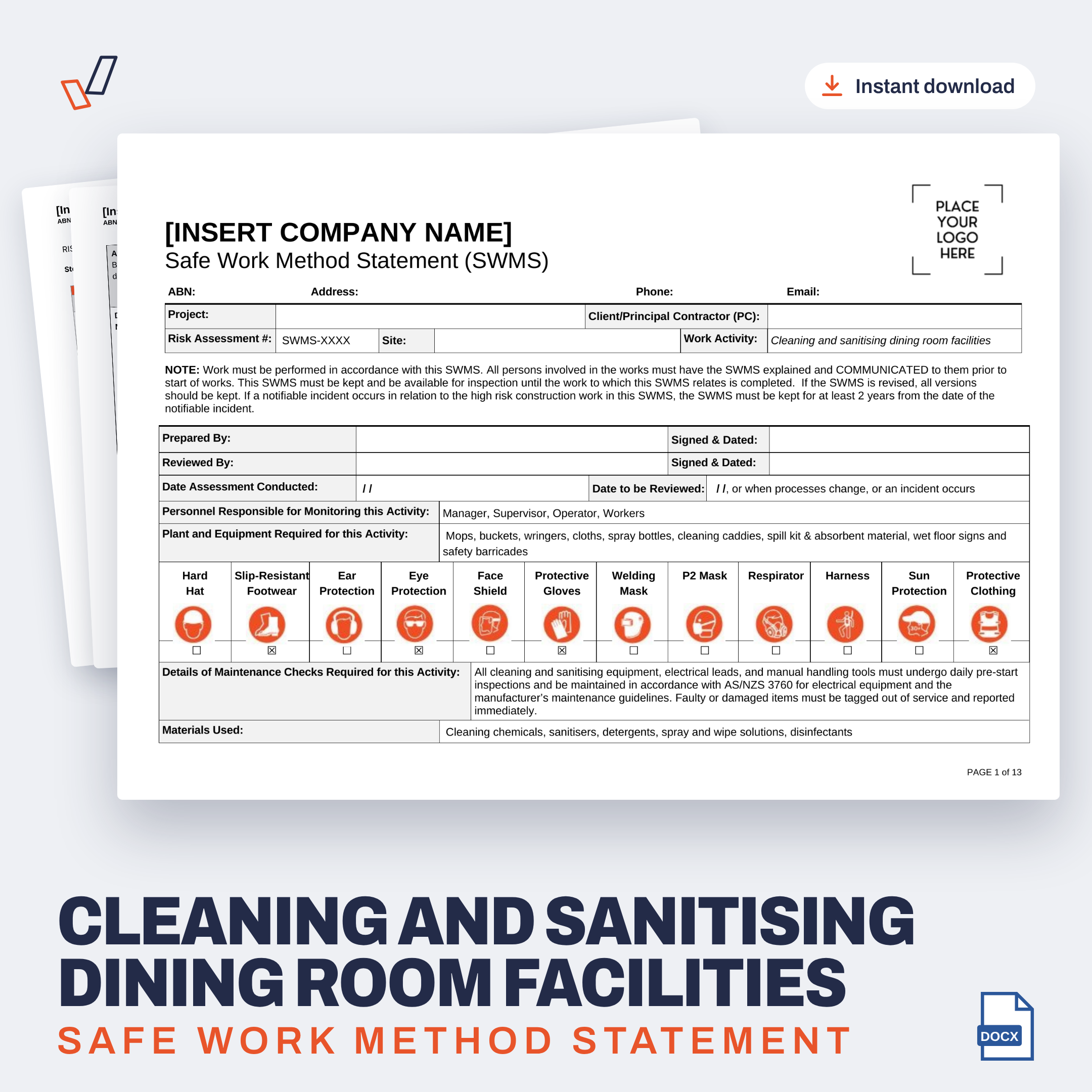 Cleaning and Sanitising Dining Room Facilities SWMS editable Word template cover, Everything OHS