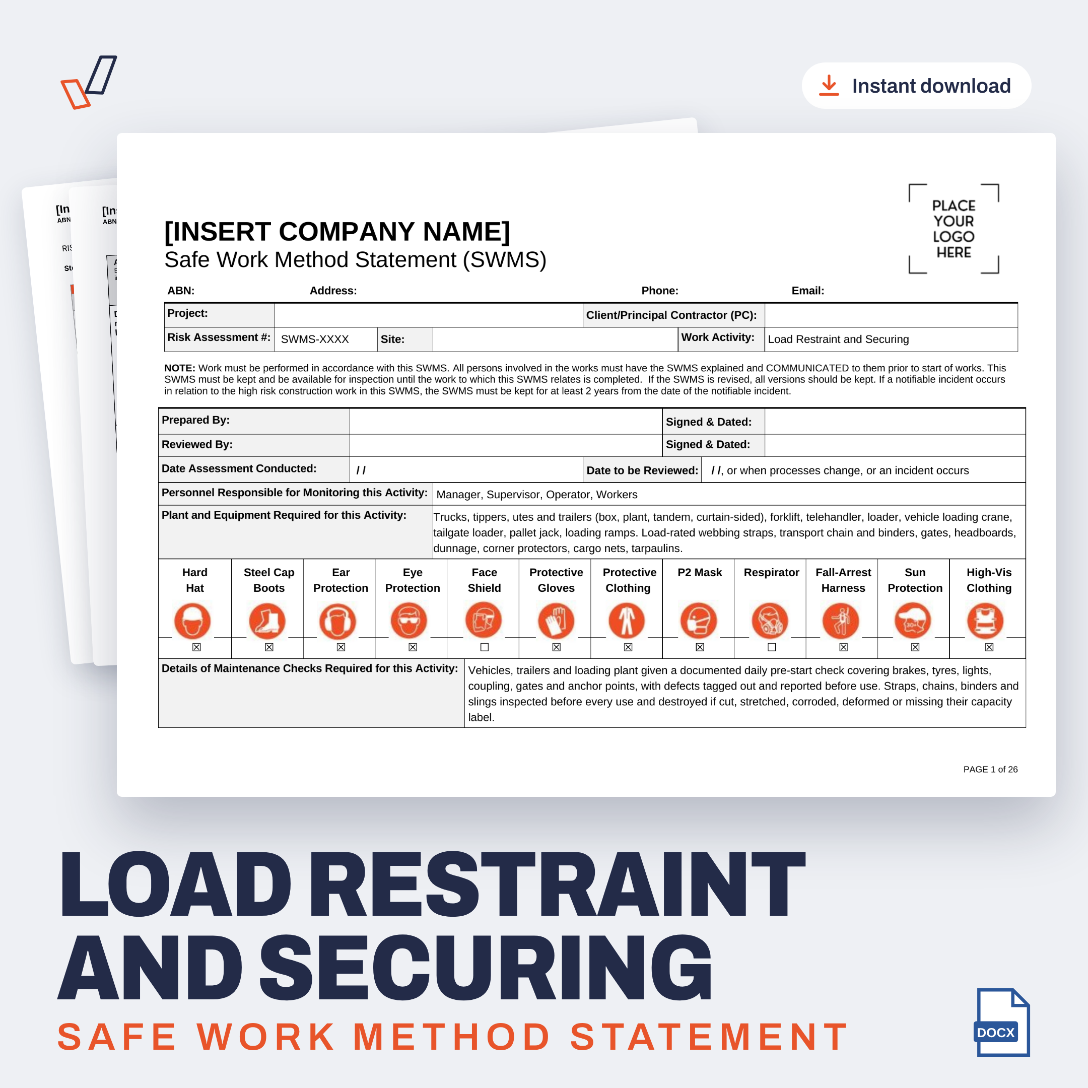 Load Restraint and Securing SWMS editable Word template cover, Everything OHS
