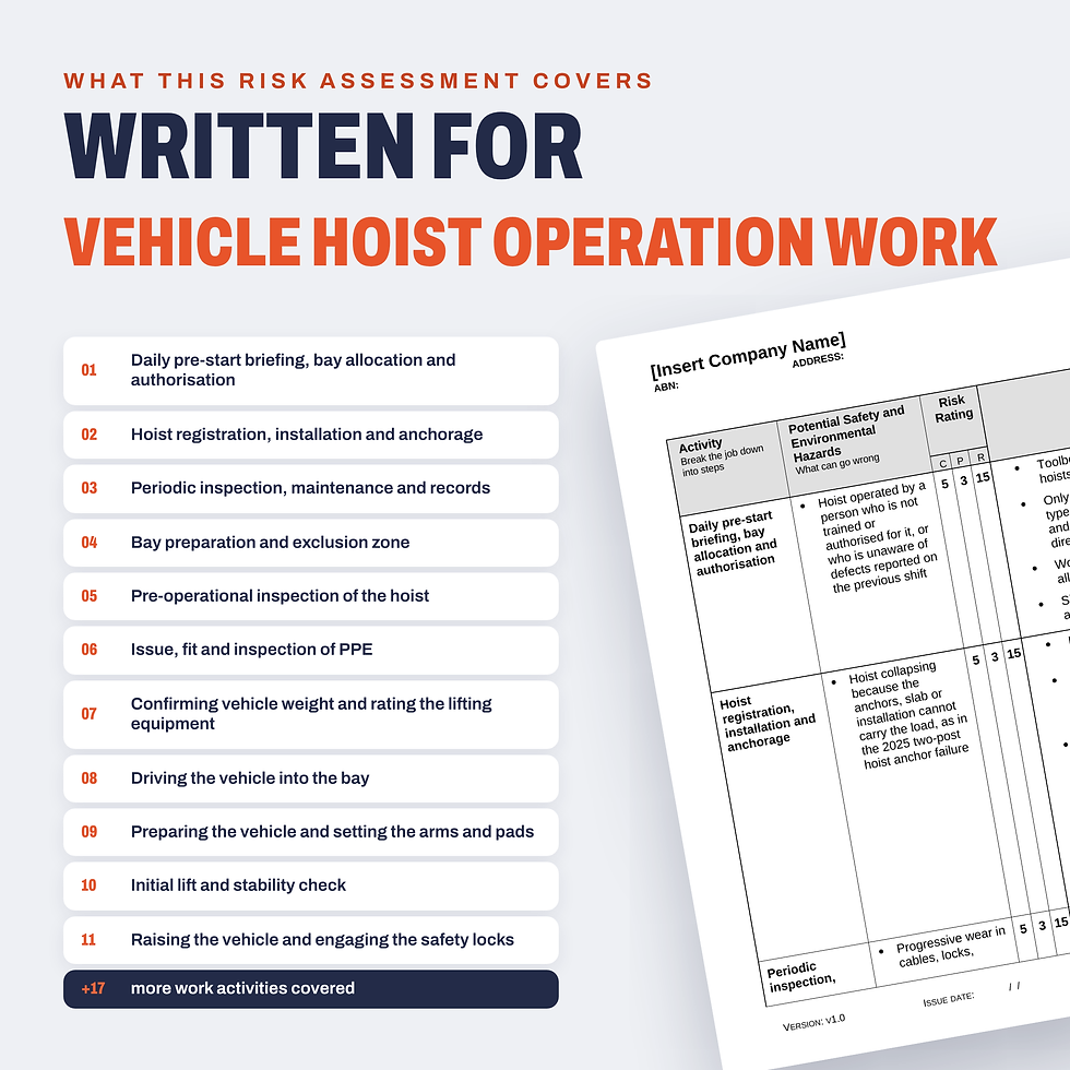 Work activities covered in the Vehicle Hoist Operation Risk Assessment/JSA