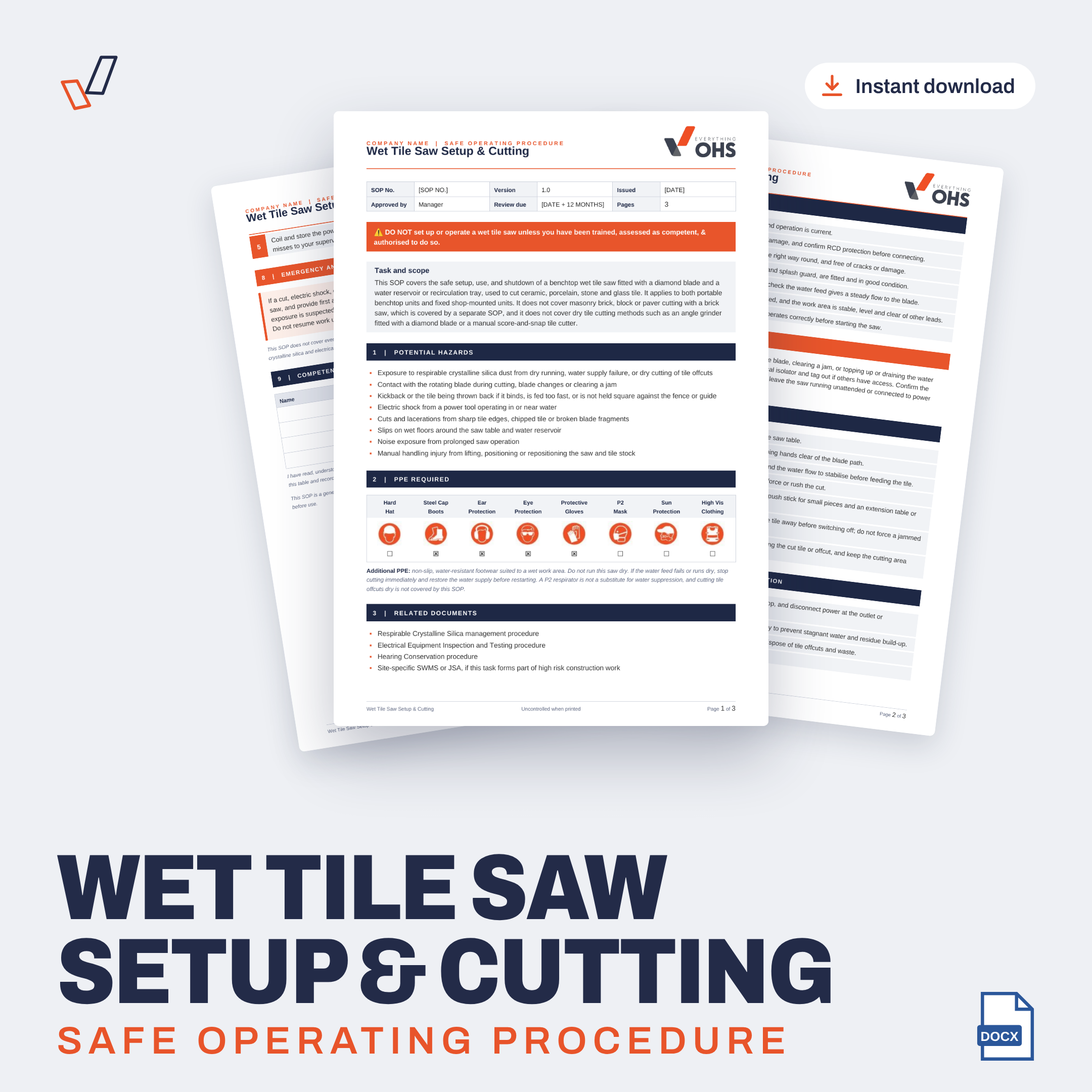 Wet Tile Saw Setup & Cutting SOP editable Word template cover, Everything OHS
