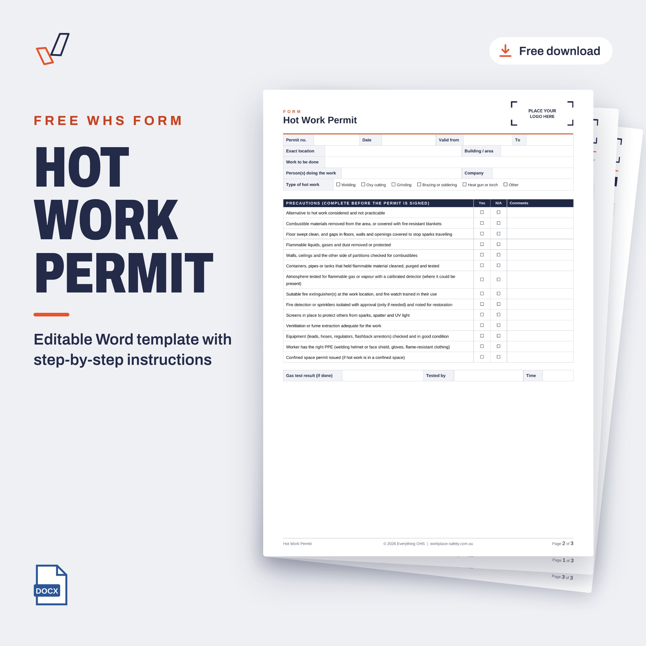 Free Hot Work Permit template in Word, showing the first page