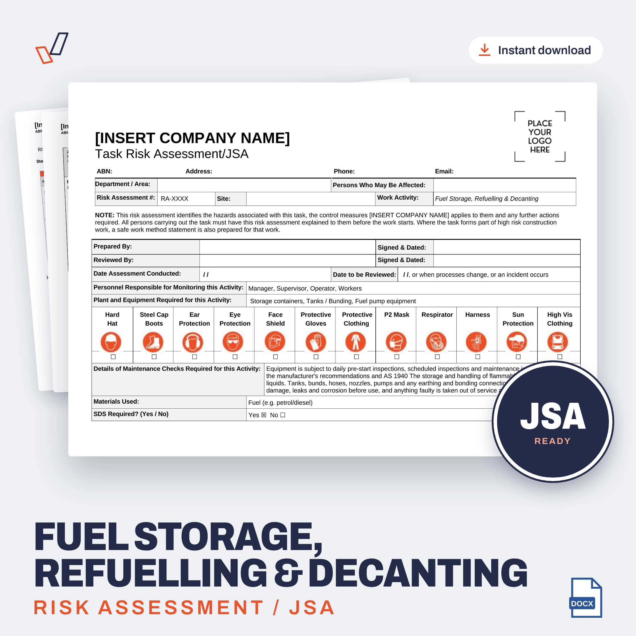 Fuel Storage, Refuelling & Decanting Risk Assessment/JSA editable Word template cover, Everything OHS