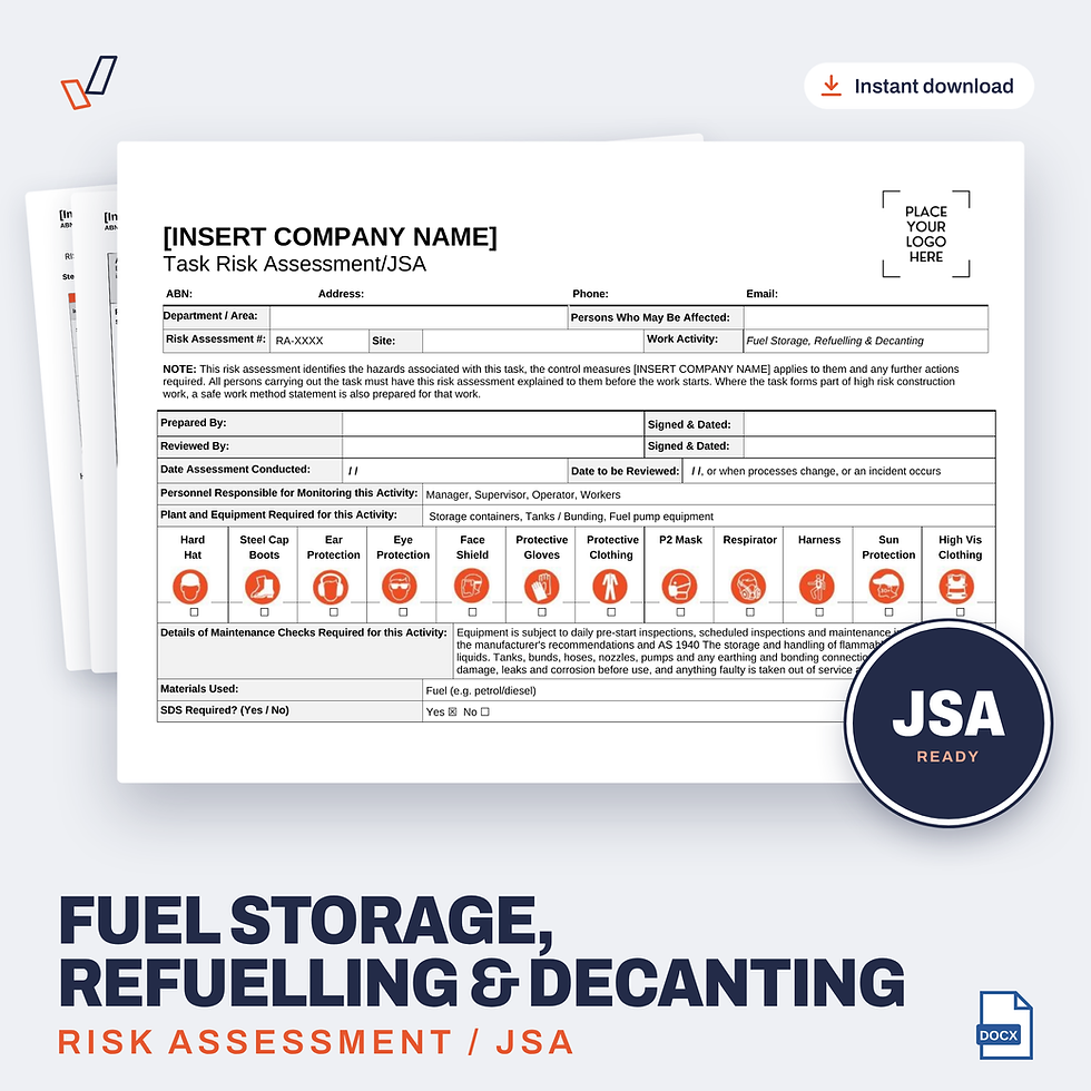 Fuel Storage, Refuelling & Decanting Risk Assessment/JSA editable Word template cover, Everything OHS